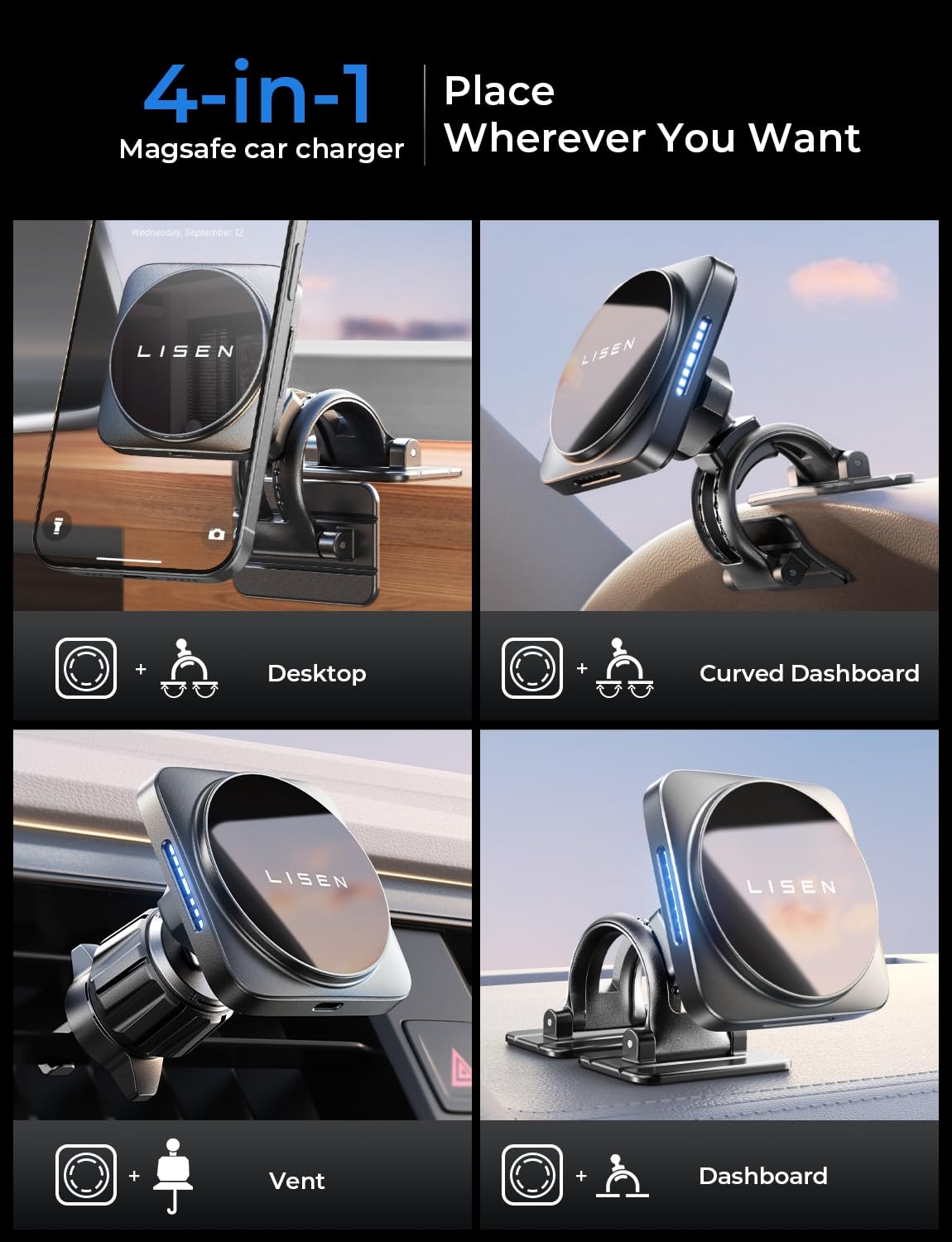 LISEN for iPhone 16 Pro Max Magsafe Car Mount Charger, 15W Magnetic Wireless Car Charger, Compatible with Mag Safe Car Mount, Air Vent Dashboard 4 in 1 Phone Holder Mount for iPhone 15/14/13/12, Black