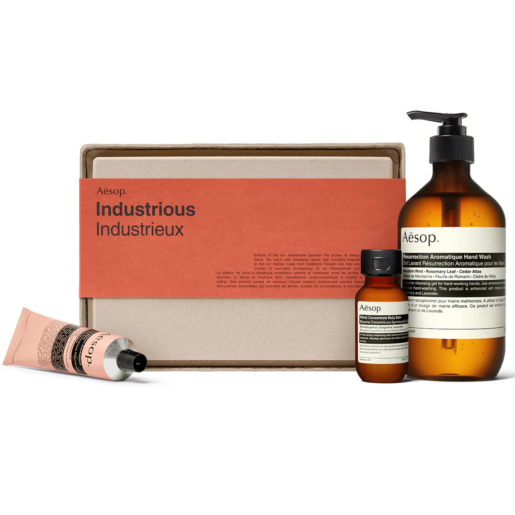 Aesop Industrious Gift Kit - Resurrection Aromatique Hand Wash (16.9 fl oz), Resurrection Aromatique Hand Balm (2.6 oz) & Resurrection Rinse-Free Hand Wash (1.6 fl oz) | Paraben, Cruelty-free & Vegan