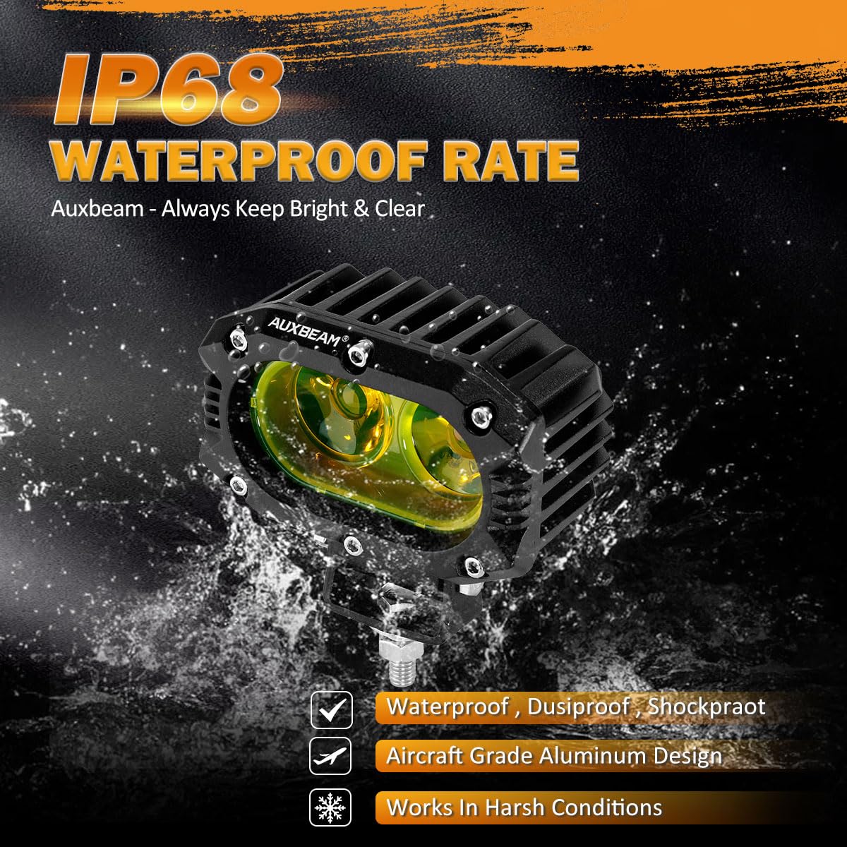 Auxbeam 4 Inch LED Amber Pod Light, 60W Driving Yellow Flood Beam Square Pod Fog Lights with DT Wiring Harness for Motorbike SUV ATV Truck Jeep Boat Tractor Forklift (2 Pcs)