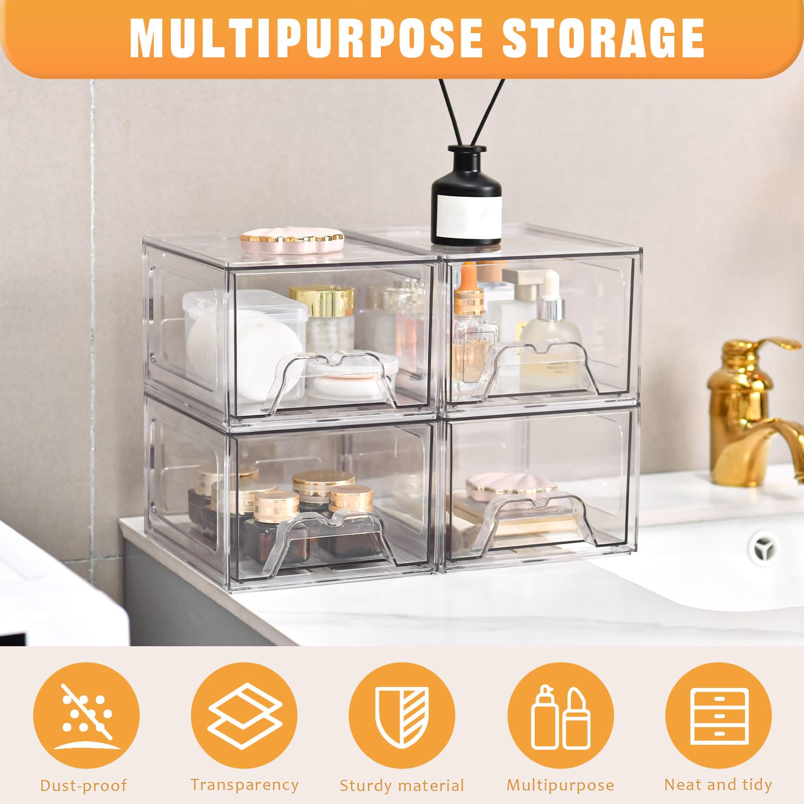 Stebopum 6 Pack Stackable Makeup Organizer, 4.4'' Tall Acrylic Bathroom Makeup Organizer and Storage Drawer with Pull-out Handle, Clear Plastic Storage Bins for Vanity,Pantry,Desk,Undersink,Kitchen