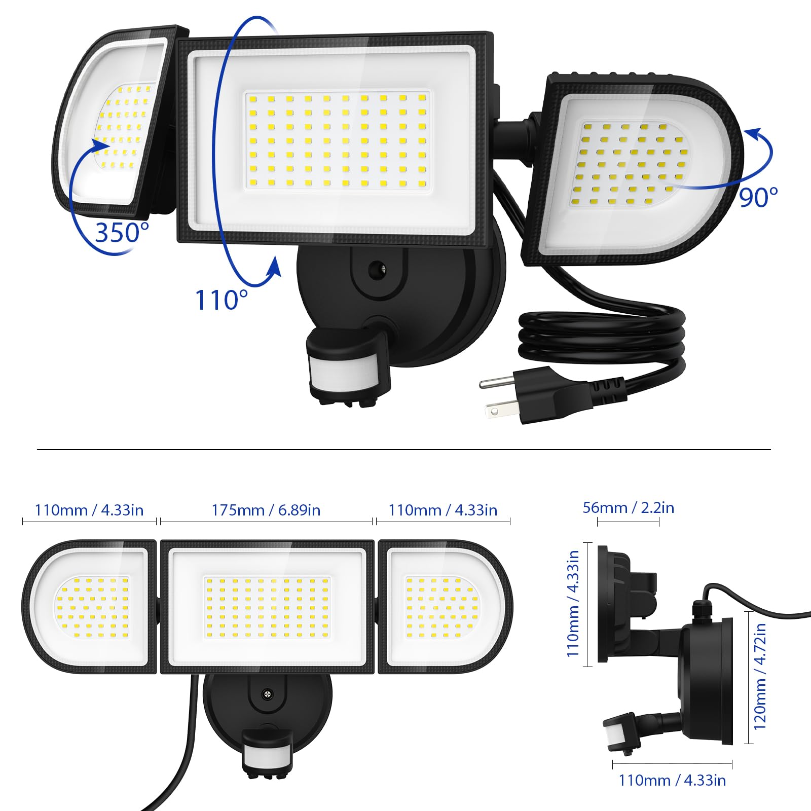 iMaihom 100W Motion Sensor LED Security Light with Plug, 9000LM Flood Lights Outdoor Plug in, 6500K Exterior Floodlight, IP65 Waterproof,3 Head Adjustable Motion Detector Light for Yard Garage (2Pack)