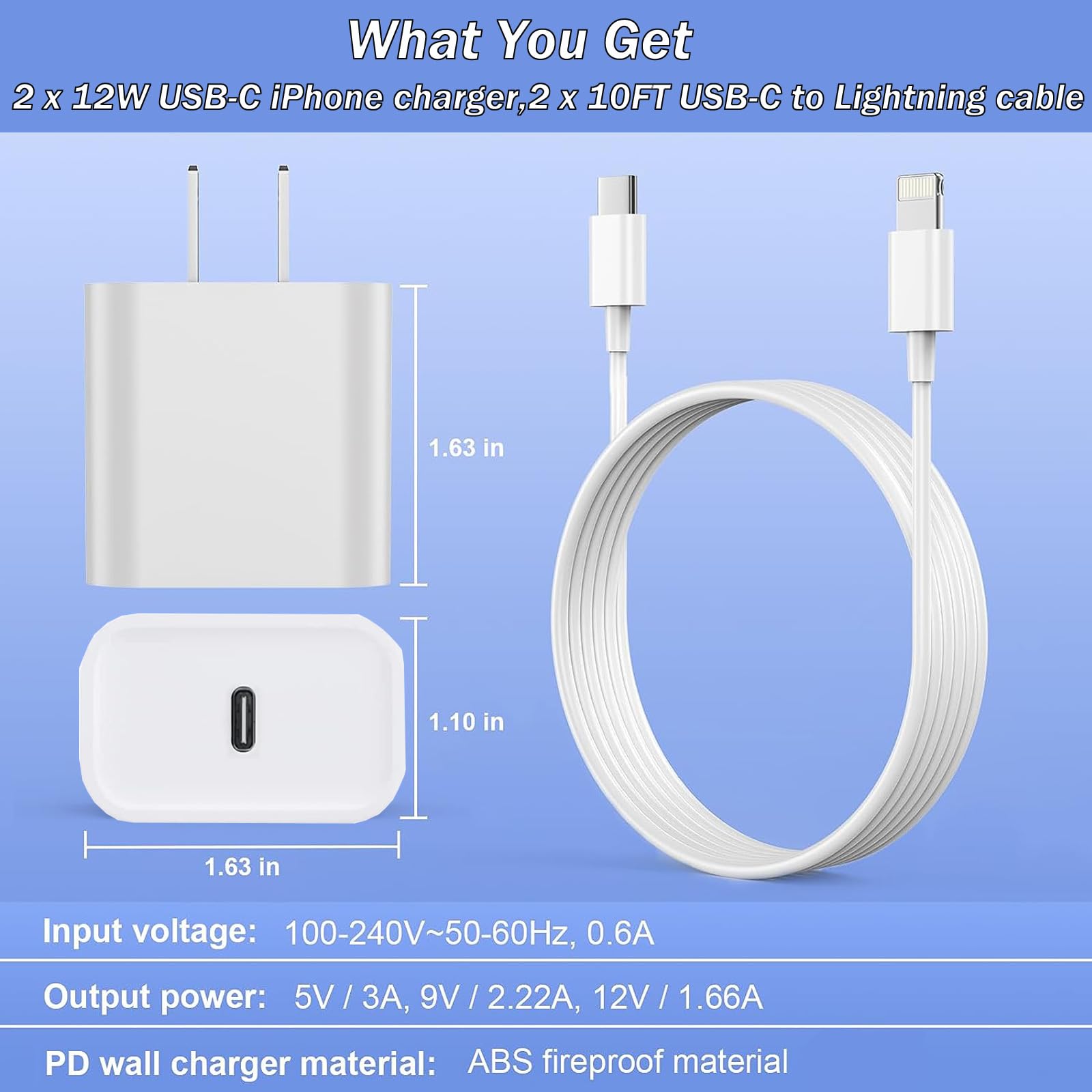 iPhone Fast Charger, [Apple MFi Certified] 2 Pack PD USB C Wall Charger Block Plug with 10FT Extra Long Type C to Lightning Fast Charging Data Sync Cable for iPhone 14 13 12 11 XR X 8 iPad and More