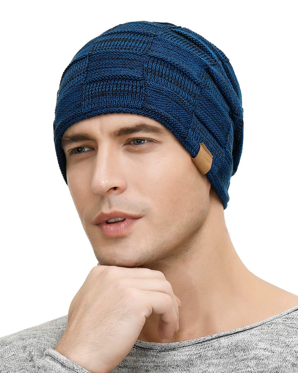 Vgogfly Slouchy Beanie for Men Winter Hats for Guys Cool Beanies Mens Lined Knit Warm Thick Skully Stocking Binie Hat Blue