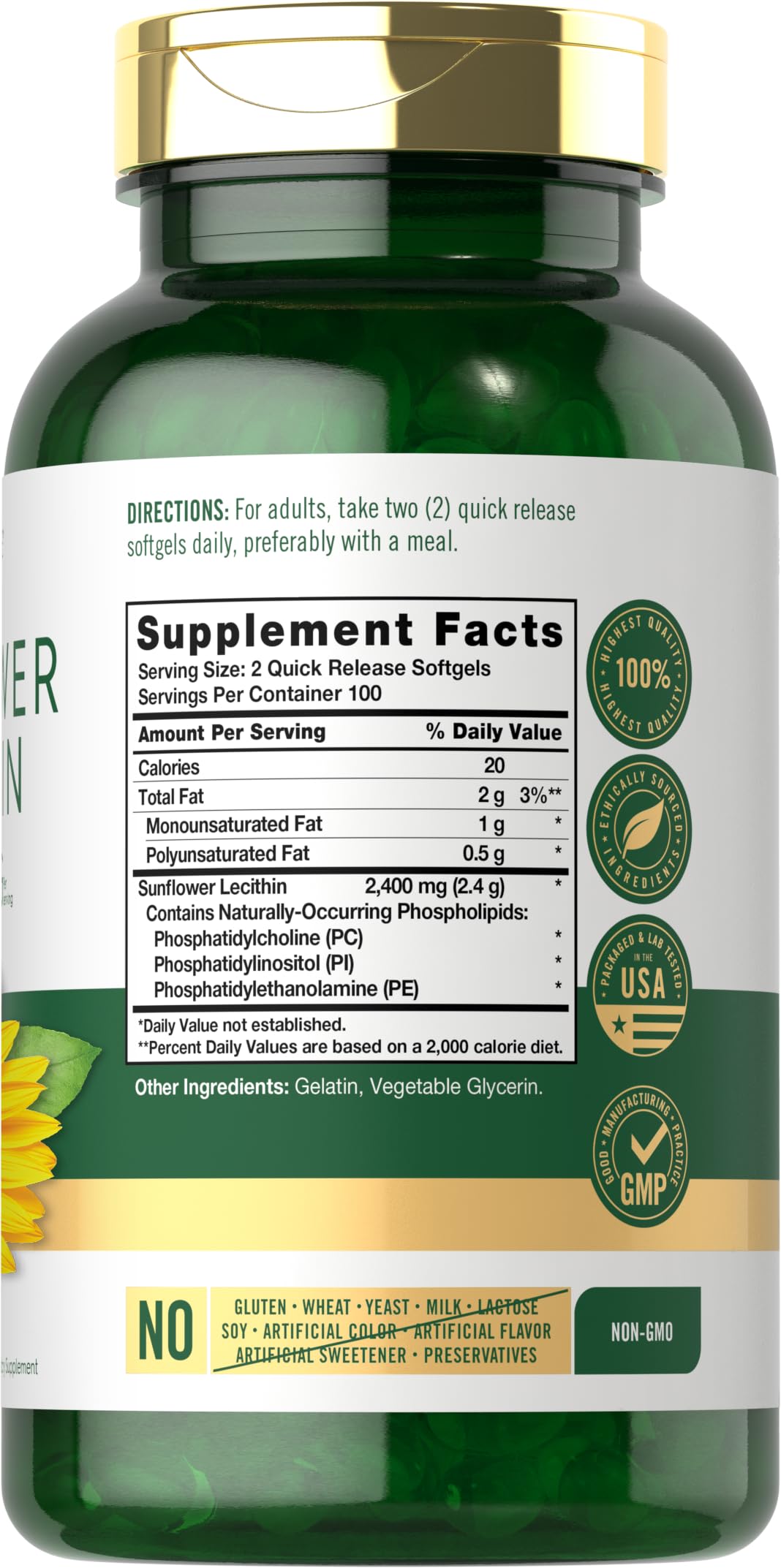 Carlyle Sunflower Lecithin Softgel Capsules | 2400mg | 200 Count | Rich in Phosphatidyl Choline | Non-GMO, Soy Free, Gluten Free Supplement