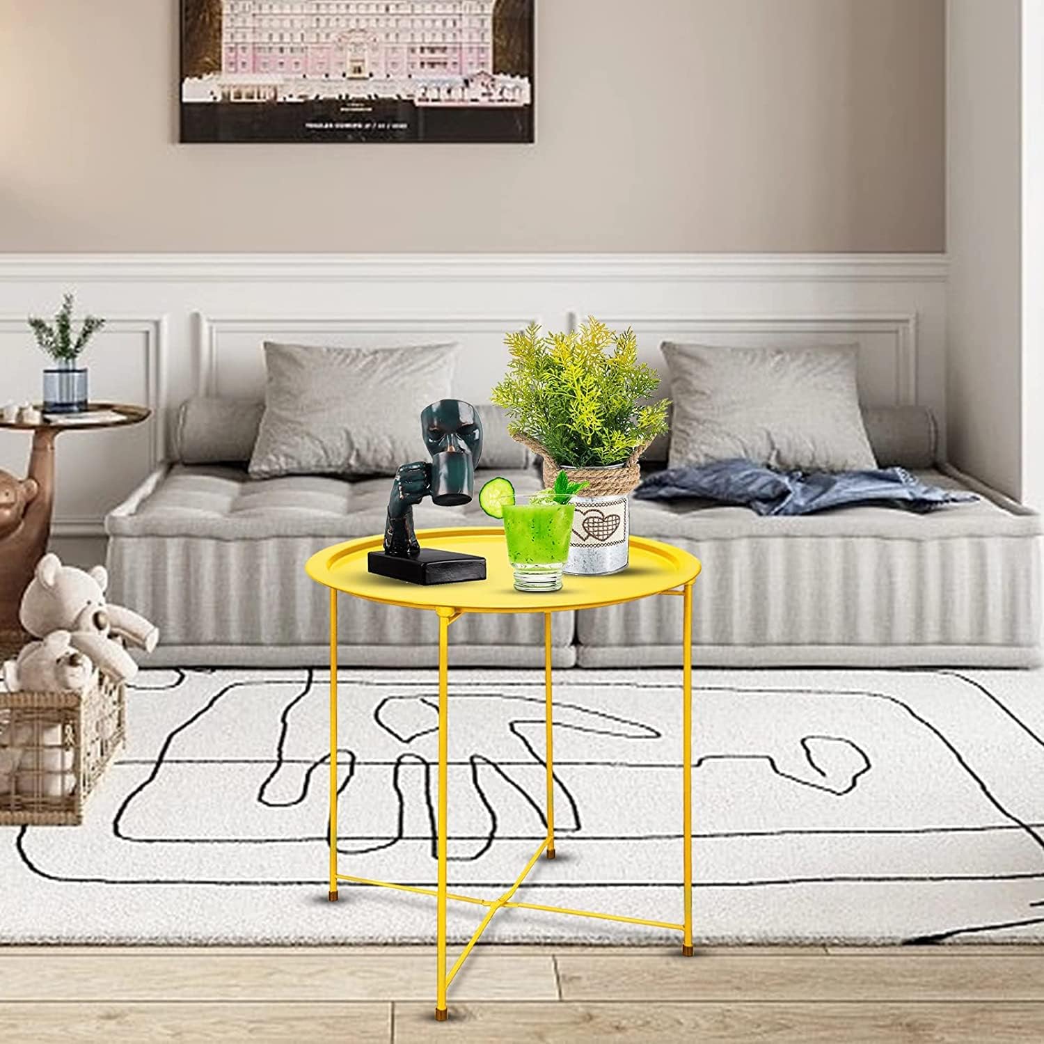 Garden 4 you End Table Outdoor Side Table, Small Patio Table Metal Side Table, Round Folding Side Table, for Outdoor and Living Room,Yellow
