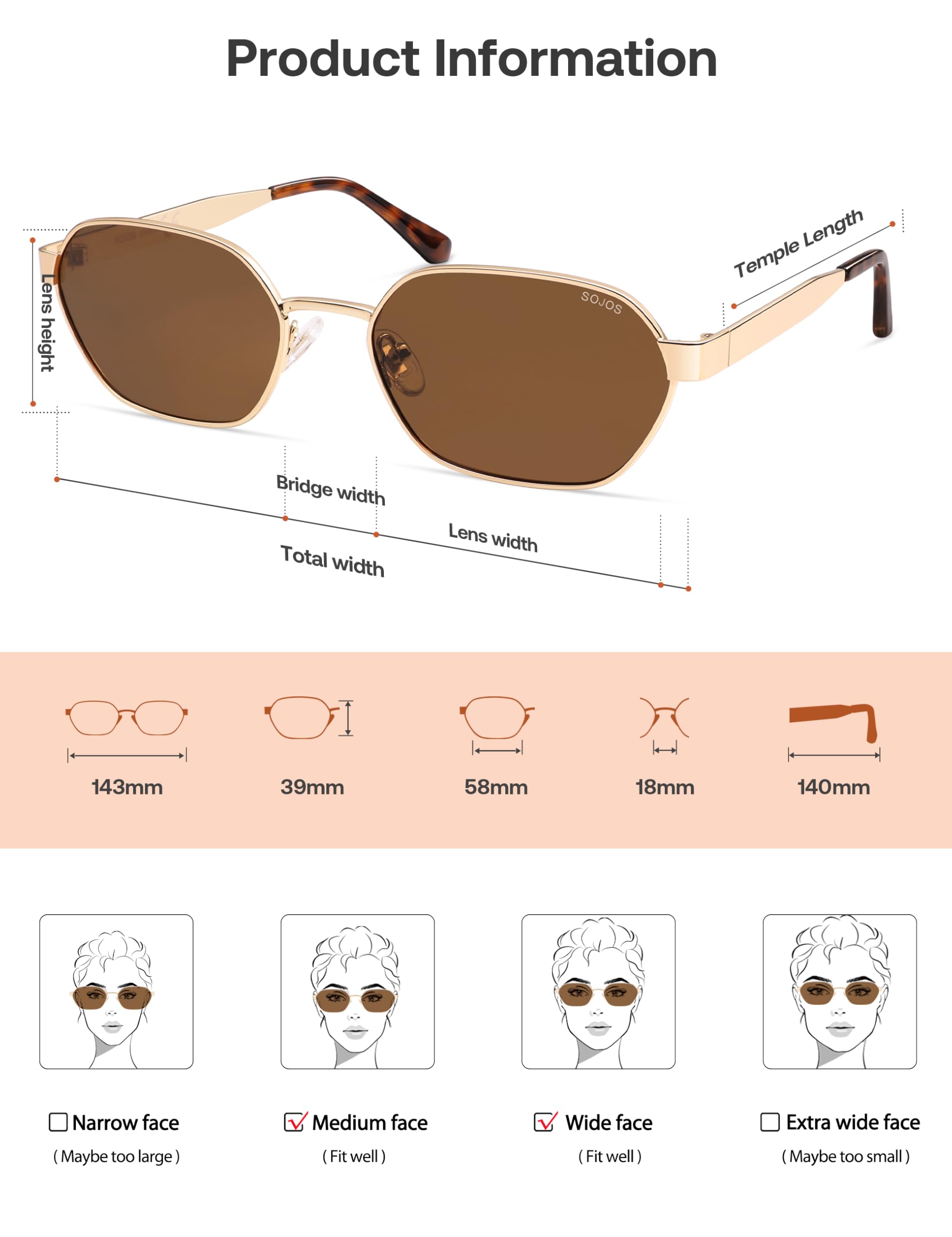SOJOS Trendy Polarized Hexagon Sunglasses for Women Men, UV400 Retro Rectangle Shades SJ1238, Gold/Brown