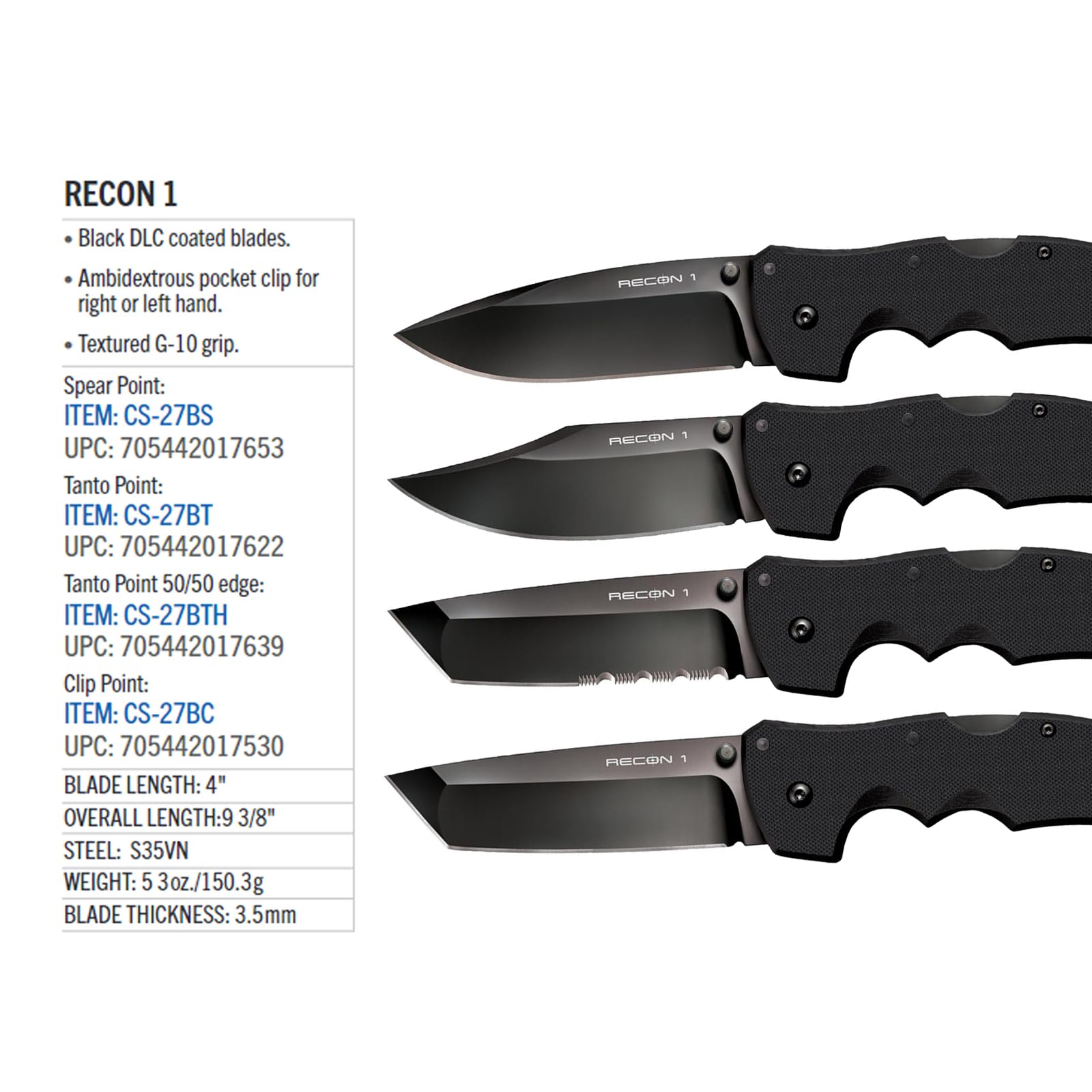 Cold Steel Recon 1 Folder Clip Pt. 4In Bold 9-3/8In Overall Folding Camping Knives, Black