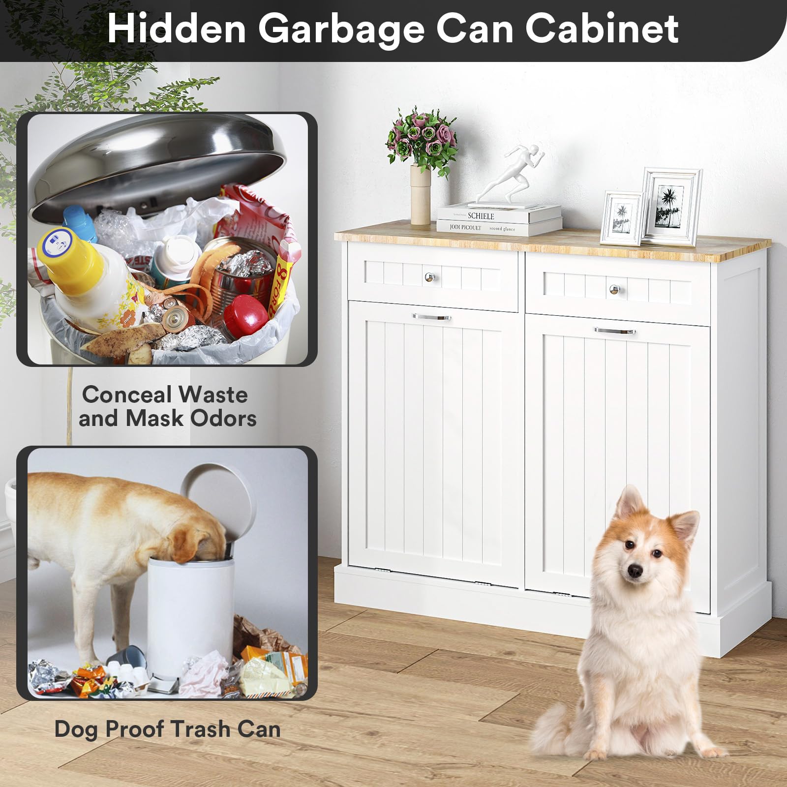 Rovibek Double Tilt Out Trash Cabinet with Storage Drawer Multifunctional Hidden Garbage Can for Kitchen, Bathroom, Laundry and Living Room, White