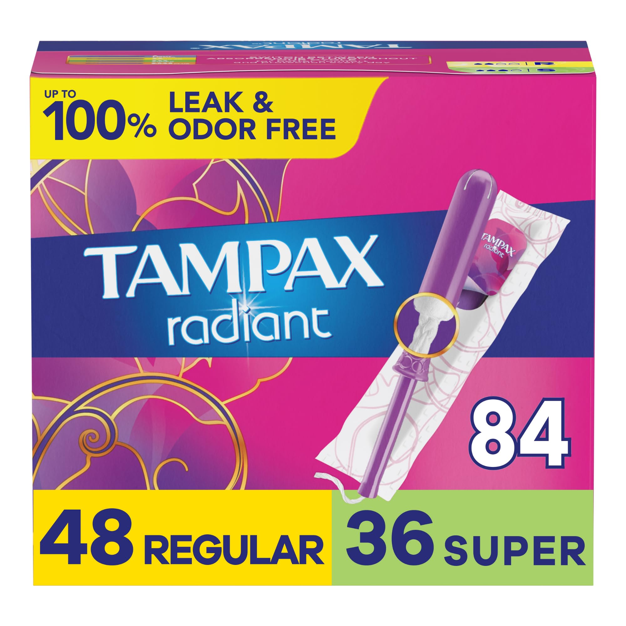 Tampax Radiant Tampons Multipack, Regular/Super Absorbency, with Leakguard Braid, Unscented, 28 Count x 3 Packs (84 Count Total)