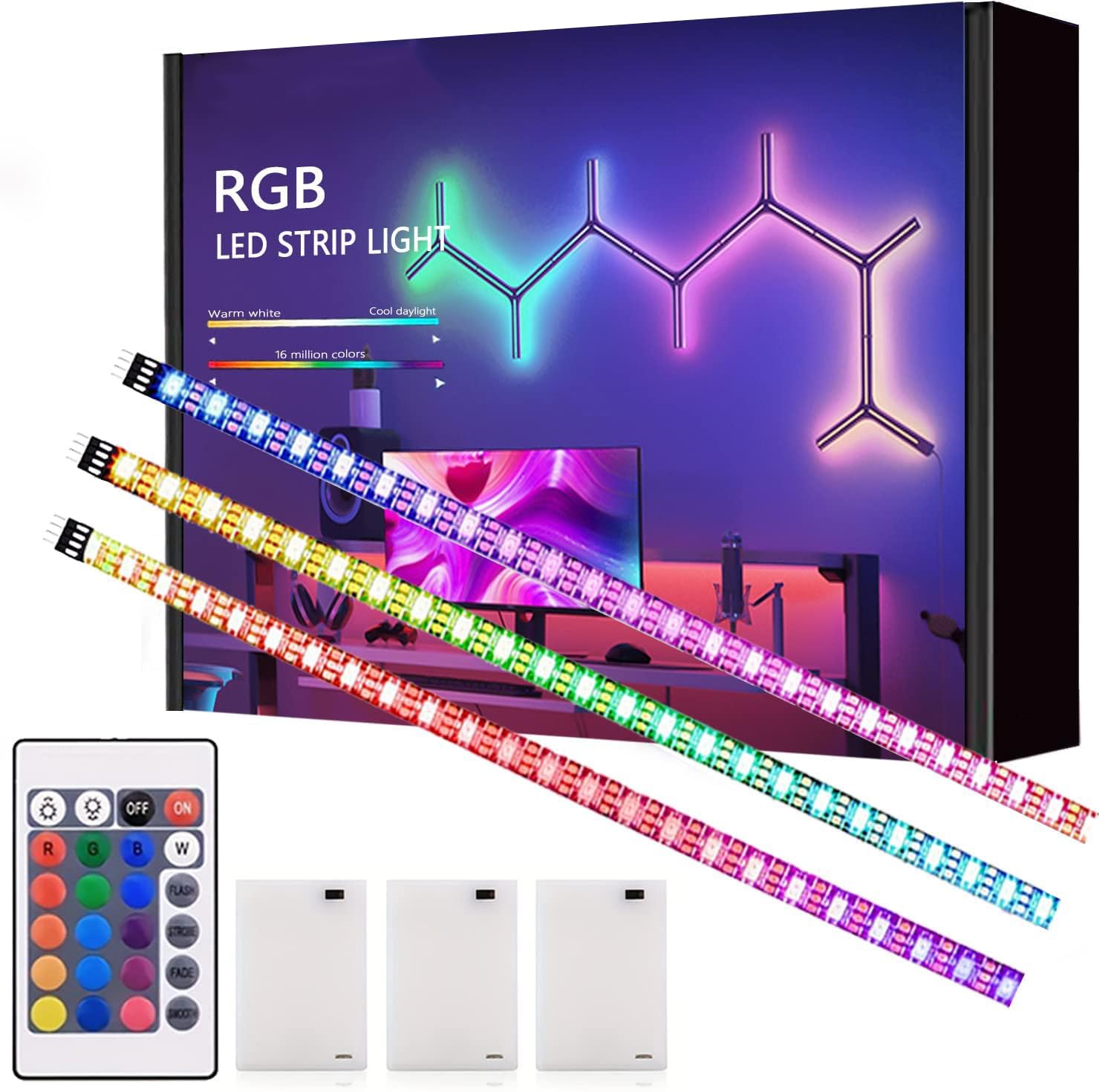 Battery Powered LED Strip Lights, Wireless RGB LED Strip Lights with 24 Keys Remote Control, 20 inch x 3 Pack for Kitchen Under Cabinet Lighting, Shelves, Under Counter, Closet, Cordless Click Light