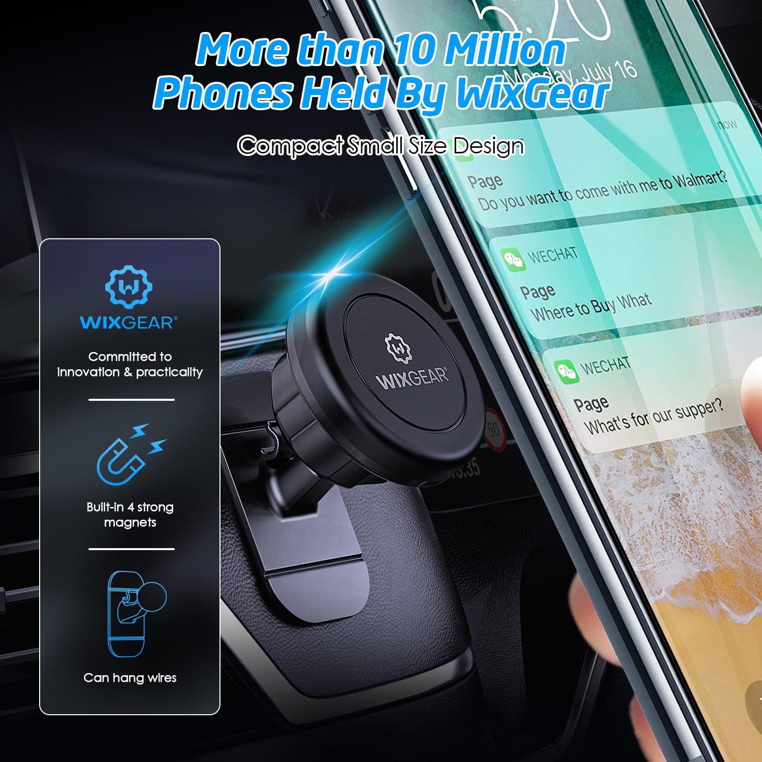 WixGear Magnetic Car Mount, Universal Stick On Mount (2 Pack) Dashboard Magnetic Phone Holder for Car, for Cell Phones and Mini Tablets with Fast Swift-snap Technology, Strong Phone Mount for Car