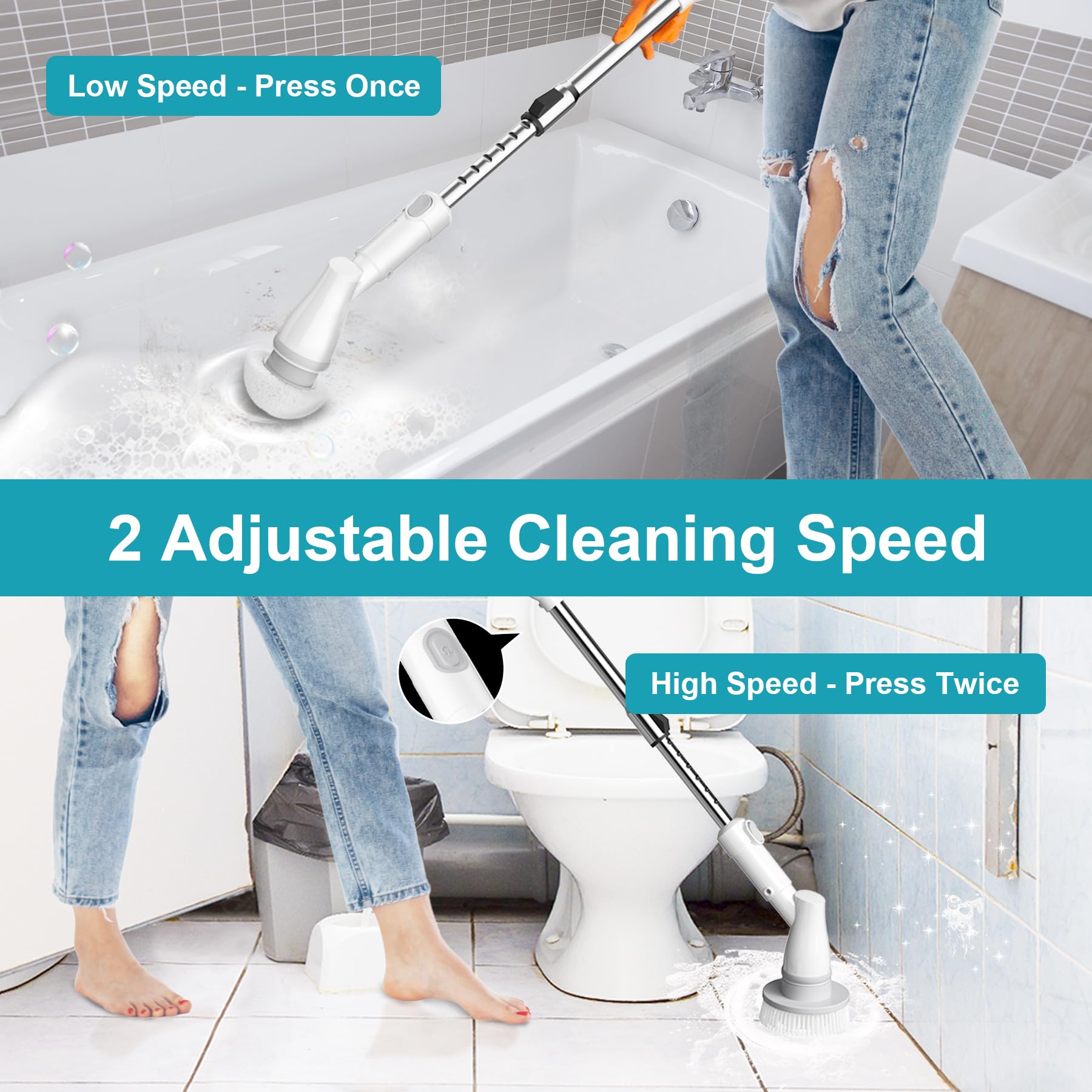 Ultrean Electric Spin Scrubber, Cordless Spin Scrubber with 4 Replaceable Brush Heads Adjustable Extension Handle, 2 Speed Shower Scrubber for Cleaning Bathroom, Tile, Floor, Tub