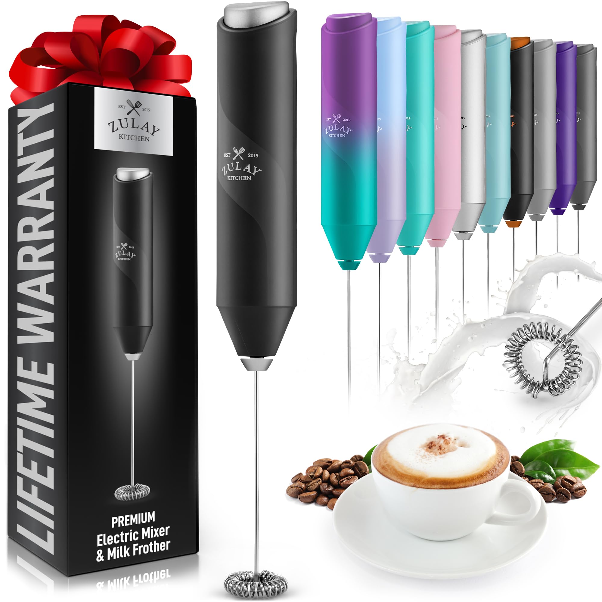 Zulay Kitchen Powerful Milk Frother Wand - Mini Milk Frother Handheld Stainless Steel - Battery Operated Drink Mixer for Coffee, Lattes, Cappuccino, Matcha - Froth Mate Milk Frother Gift - Black