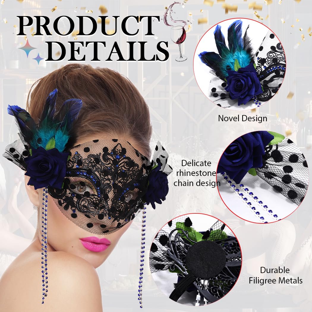 Campsis Women Masquerade Mask Blue Feather Mardi Gras Mask Venetian Party Mask Tassl Rhinestone Ball Prom Costume Face Decorations for Women