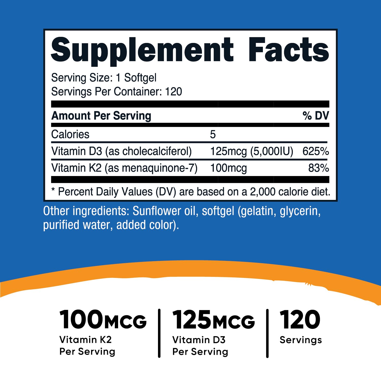 Nutricost Vitamin K2 (MK7) (100mcg) + Vitamin D3 (5000 IU) 120 Softgels - Gluten Free and Non-GMO