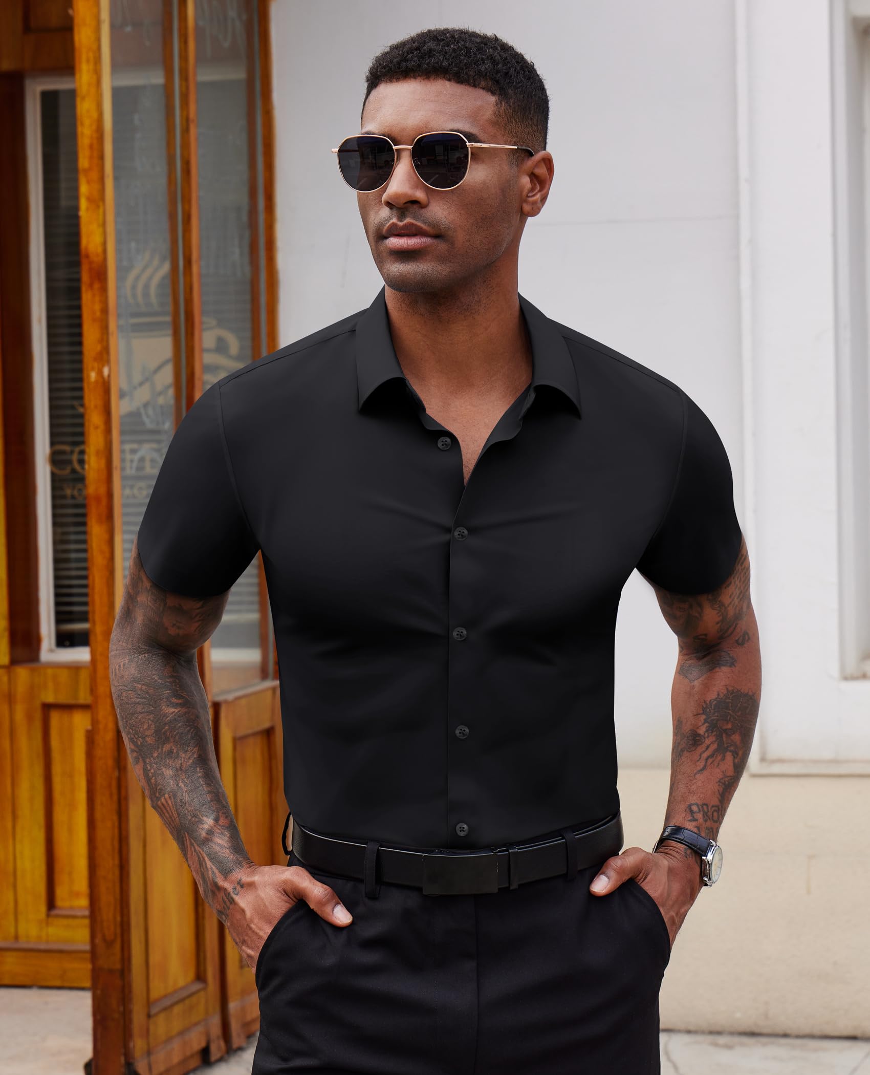 Lion Nardo Stretch Dress Shirts for Men Short Sleeve Slim Fit Casual Button Down Shirts Muscle Fit Men's Dress Shirts Black