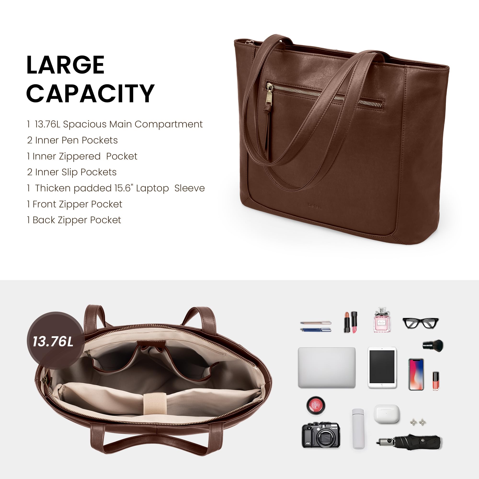 befen Genuine Leather Tote Bag for Women, Women's Shoulder Handbags Tote Purse with Zipper Work Shoulder Bag Tote with 15.6" Compartment, Brown