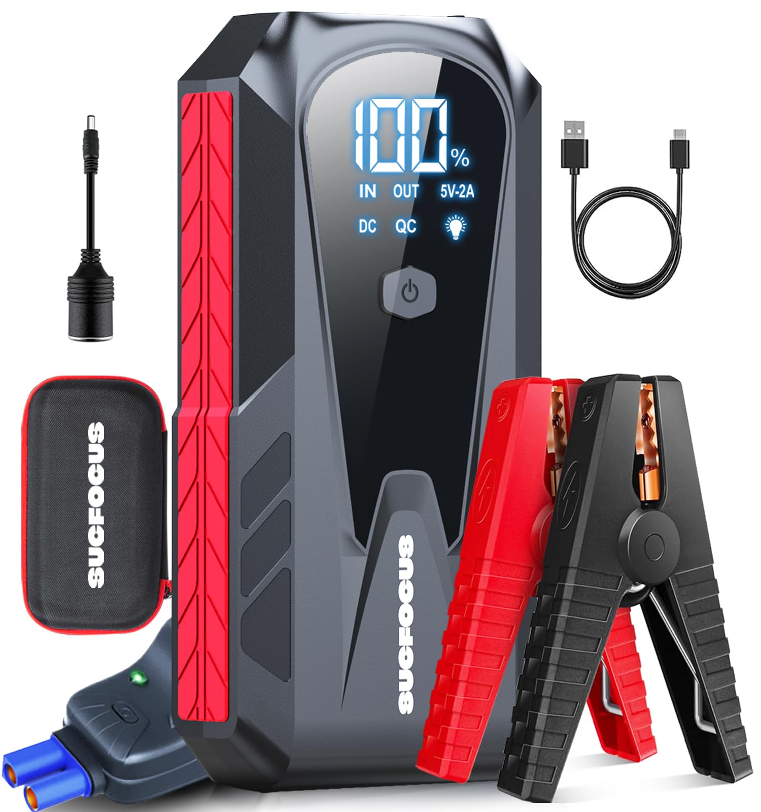 Car Battery Jump Starter, SUCFOCUS Jumper Starter Portable 3000A(for 9.0L Gas or 8.0L Diesel Engine),12V Lithium Jump Box Booster Power Pack LED Lights, QC3.0 Power Bank, Cigarette Adapter