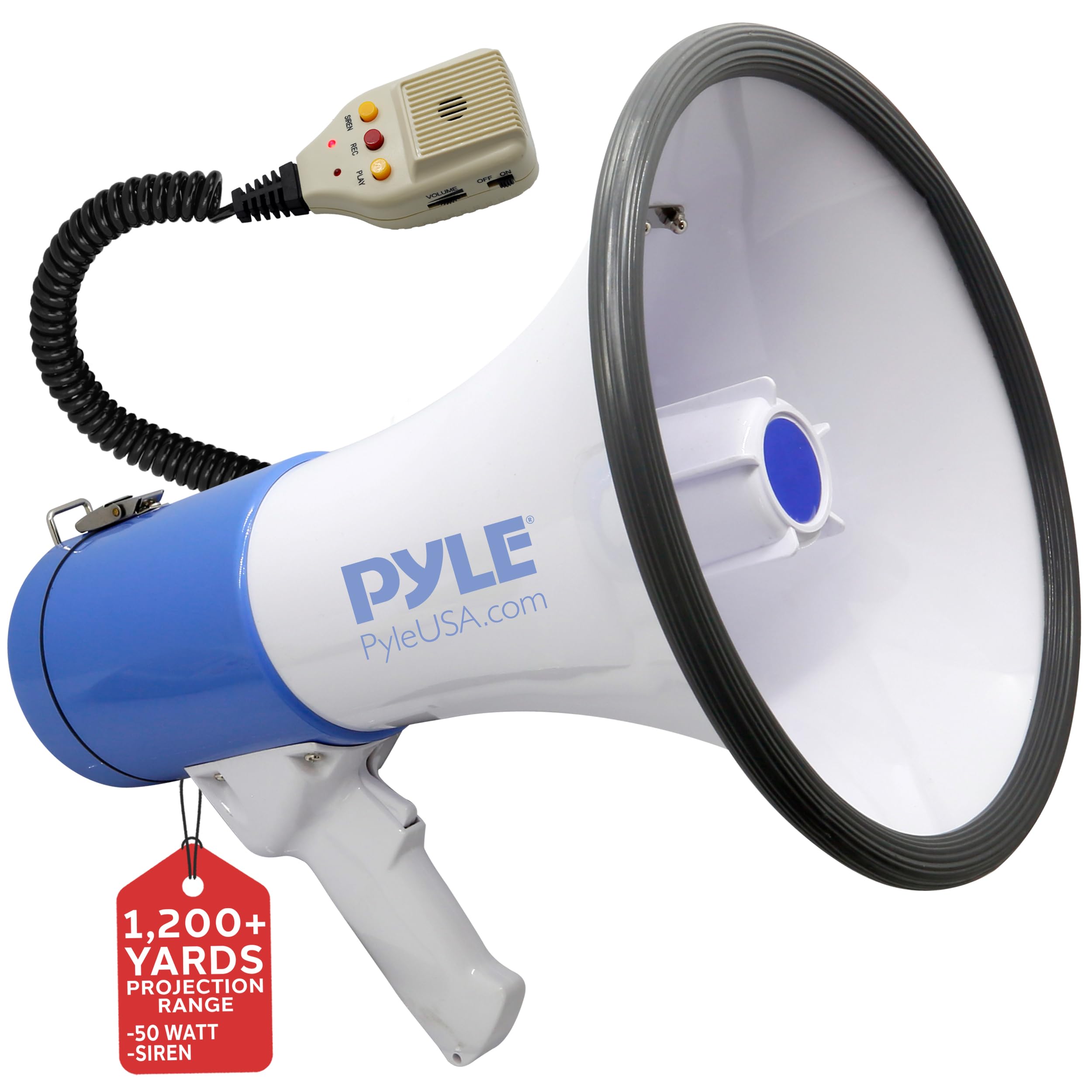 Pyle Megaphone PA Bullhorn Speaker - Built-in Siren 50 Watts Rechargeable Battery- 10 Sec Record Function for Football Baseball Basketball Cheerleading Fans Coaches or for Safety Drills - (PMP59IR)