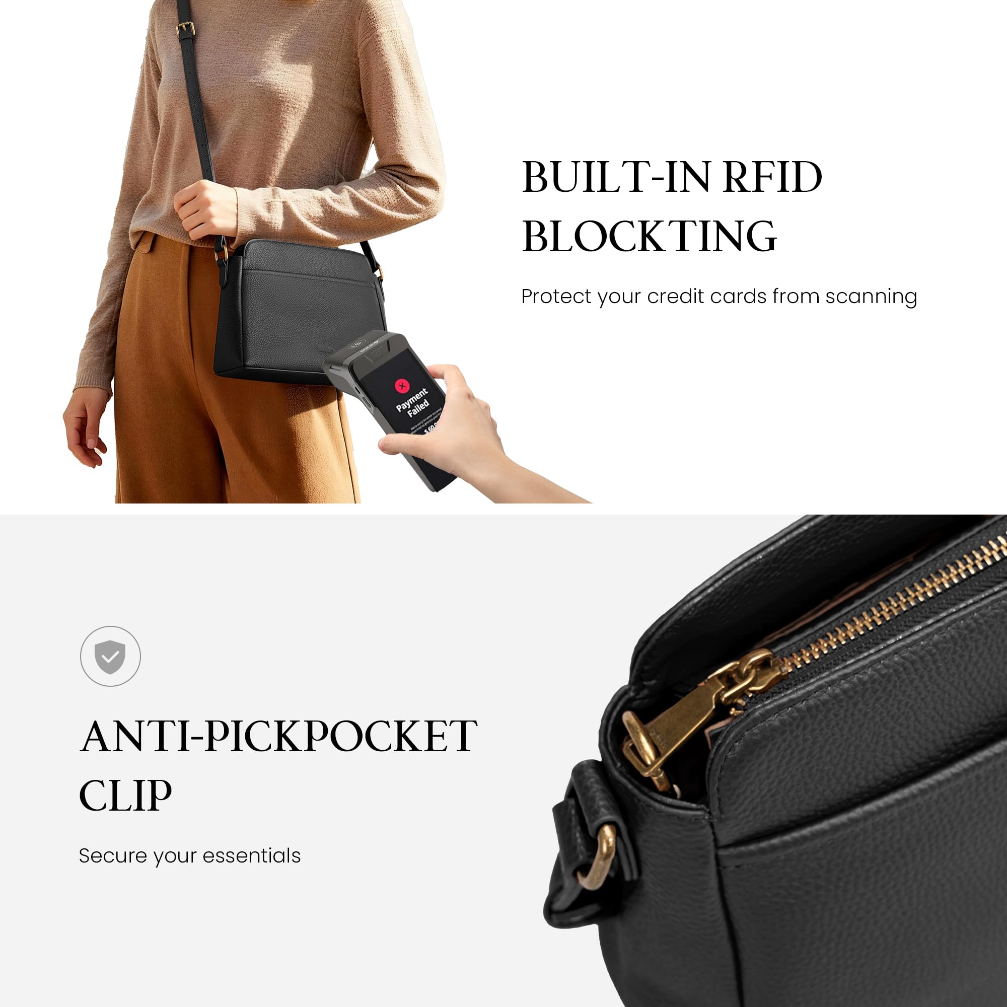 befen Black Crossbody Purse for Women Small, Ladies Genuine Leather Shoulder Bags with Rfid Blocking Designer Anti-theft Handbags for Travel