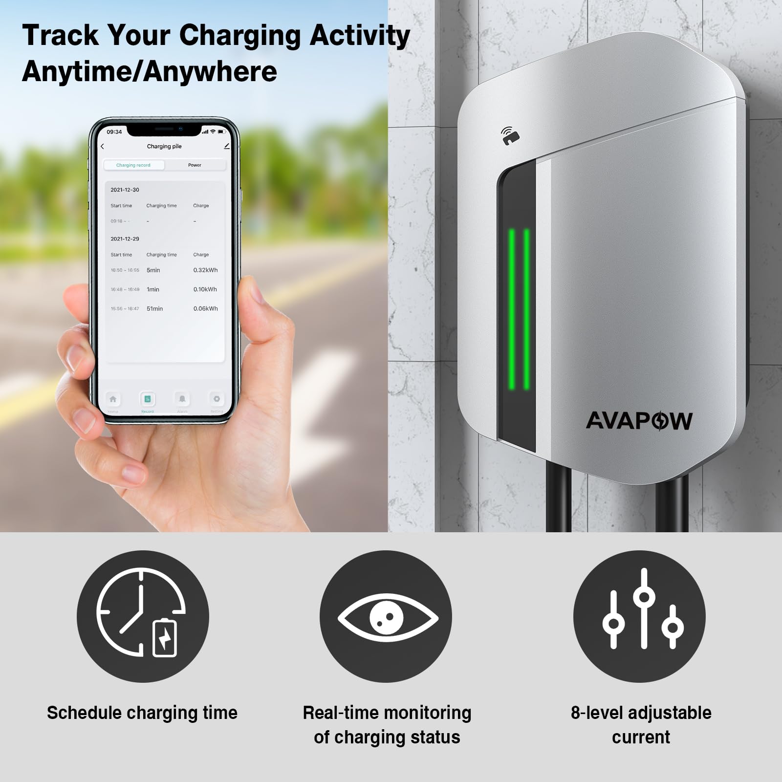 AVAPOW Level 2 EV Charger, Up to 48amp with App Control, 25ft Wall Electric Vehicle Charging, Set Current, Delay Charging, RFID Unlocking, NEMA 14-50 Plug, Electric Car Charger Fit for J1772 EVs