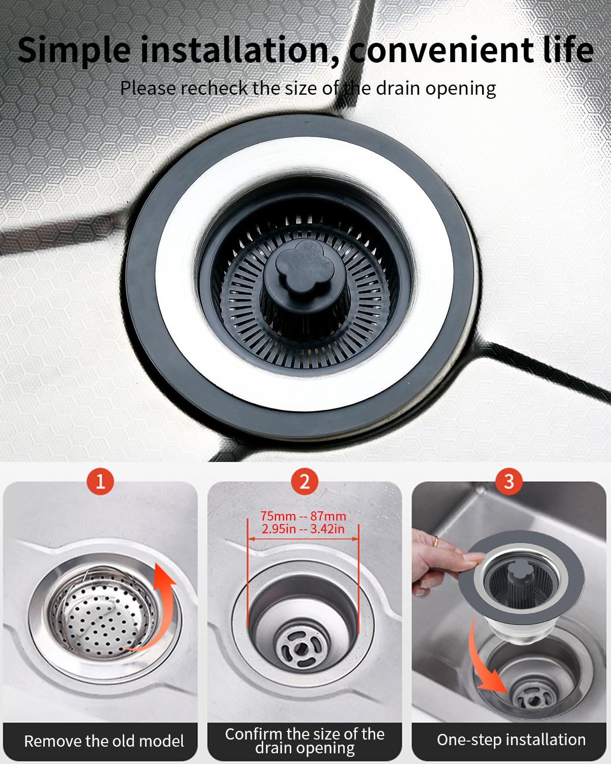 RLQXG 3 in 1 Kitchen Sink Drain Strainer [Premium PP Basket] Anti-Clogging Kitchen Sink Drain Stopper Stainless Steel Efficiently Drainage Odor Filter Sink Plug for Us Standard 3-1/2 Inch