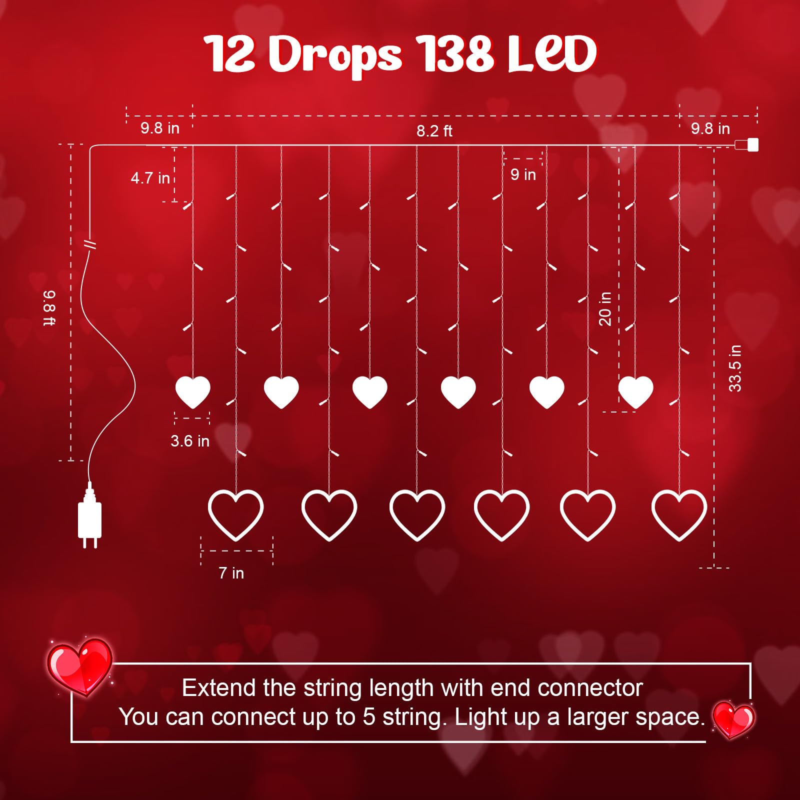 Valentines Day Decor, Red Love Heart String Lights for Bedroom, 12 Hearts 138 LED Fairy Twinkle Lights with Remote, 8 Lighting Modes Connectable Window Lights for Valentine's Day Wedding Home Decor