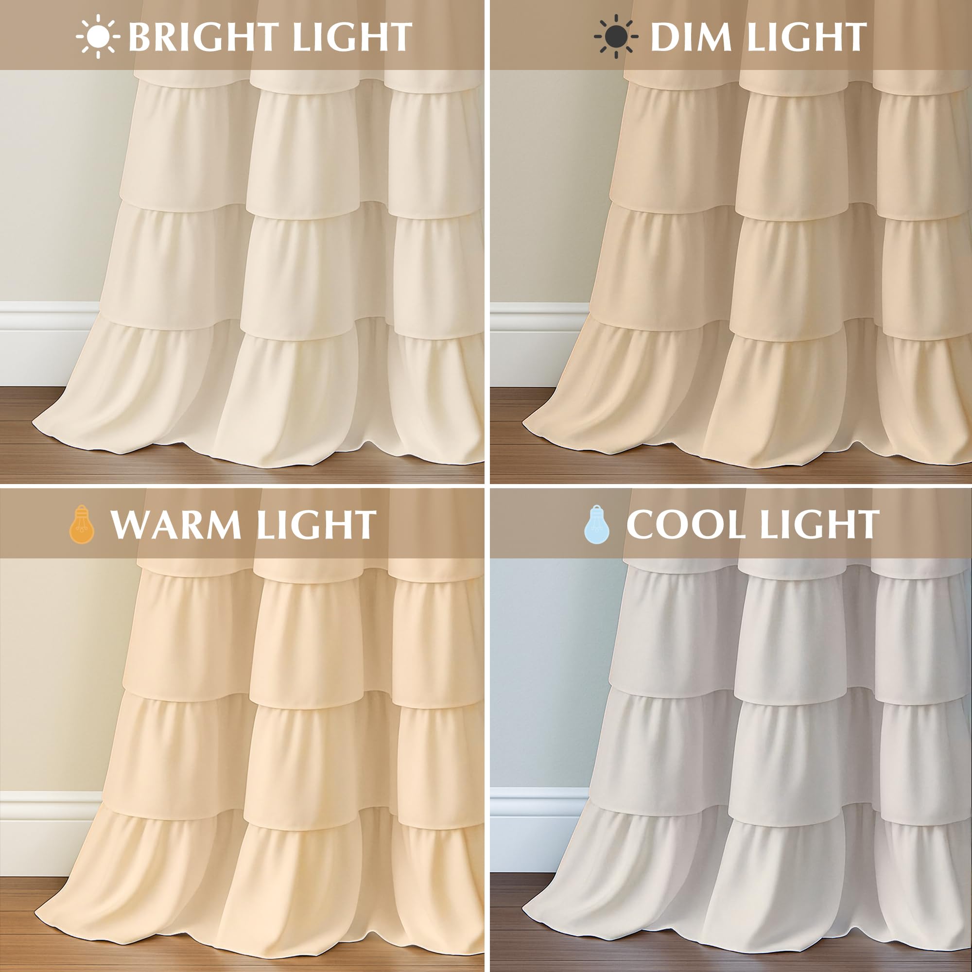 Seasonwood Farmhouse Curtains for Living Room 84 inch Curtains 2 Panels Ruffle Boho Curtain with Button Rustic Rod Pocket Drapes for Room Decor, Beige