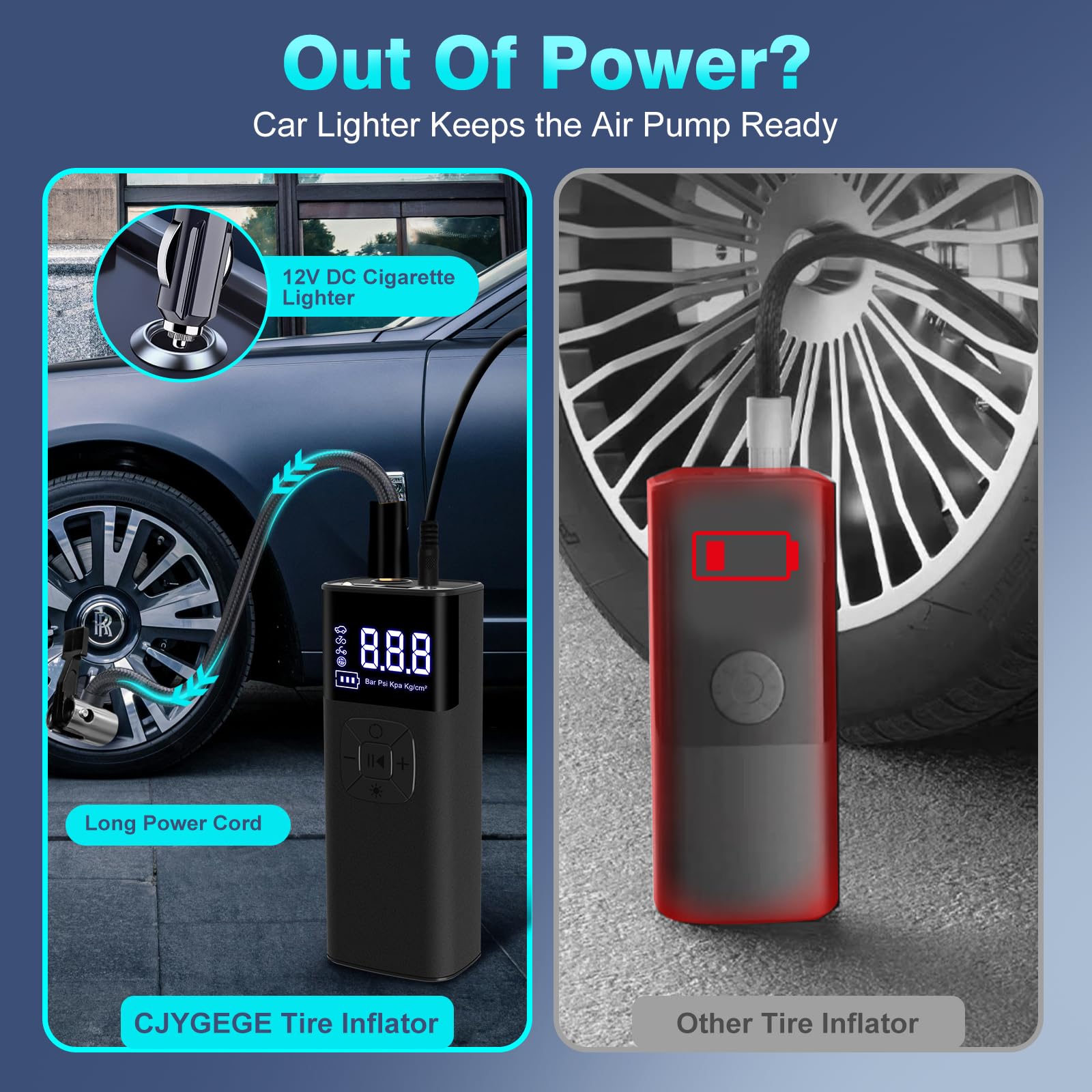 CJYGEGE Tire Inflator Portable Air Compressor - 12V DC, 150PSI, 4X Faster Cordless Air Pump with Digital Pressure Gauge and LED Light for Cars, Motorcycles, Bikes, Balls