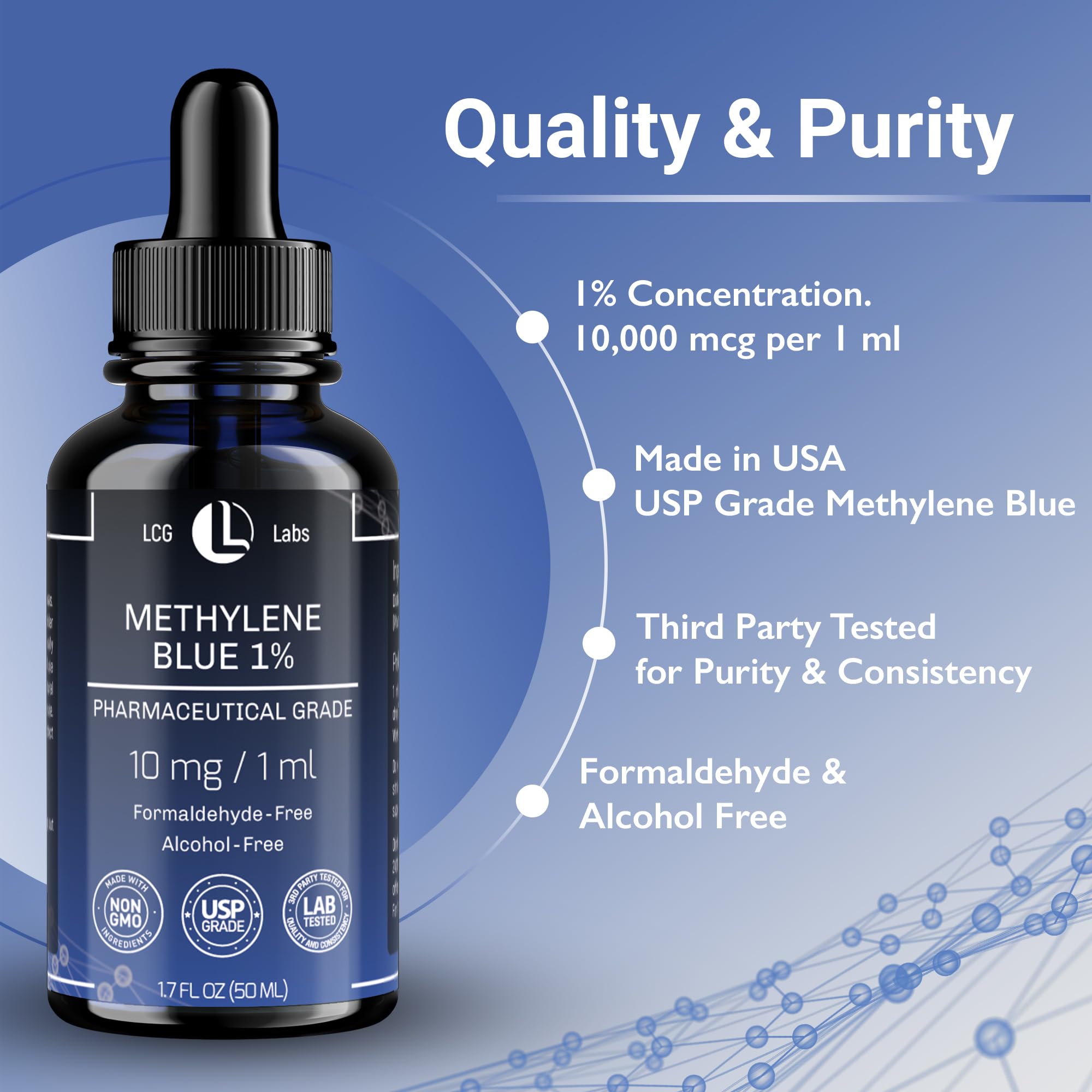LCG LABS Methylene Blue Pharmaceutical Grade - Methylene Blue 1% - Liquid Drops Aqueous Solution 10 mg / 1 ml - Third Party Tested - Formaldehyde & Alcohol-Free - Made in USA 1.7 Fl OZ