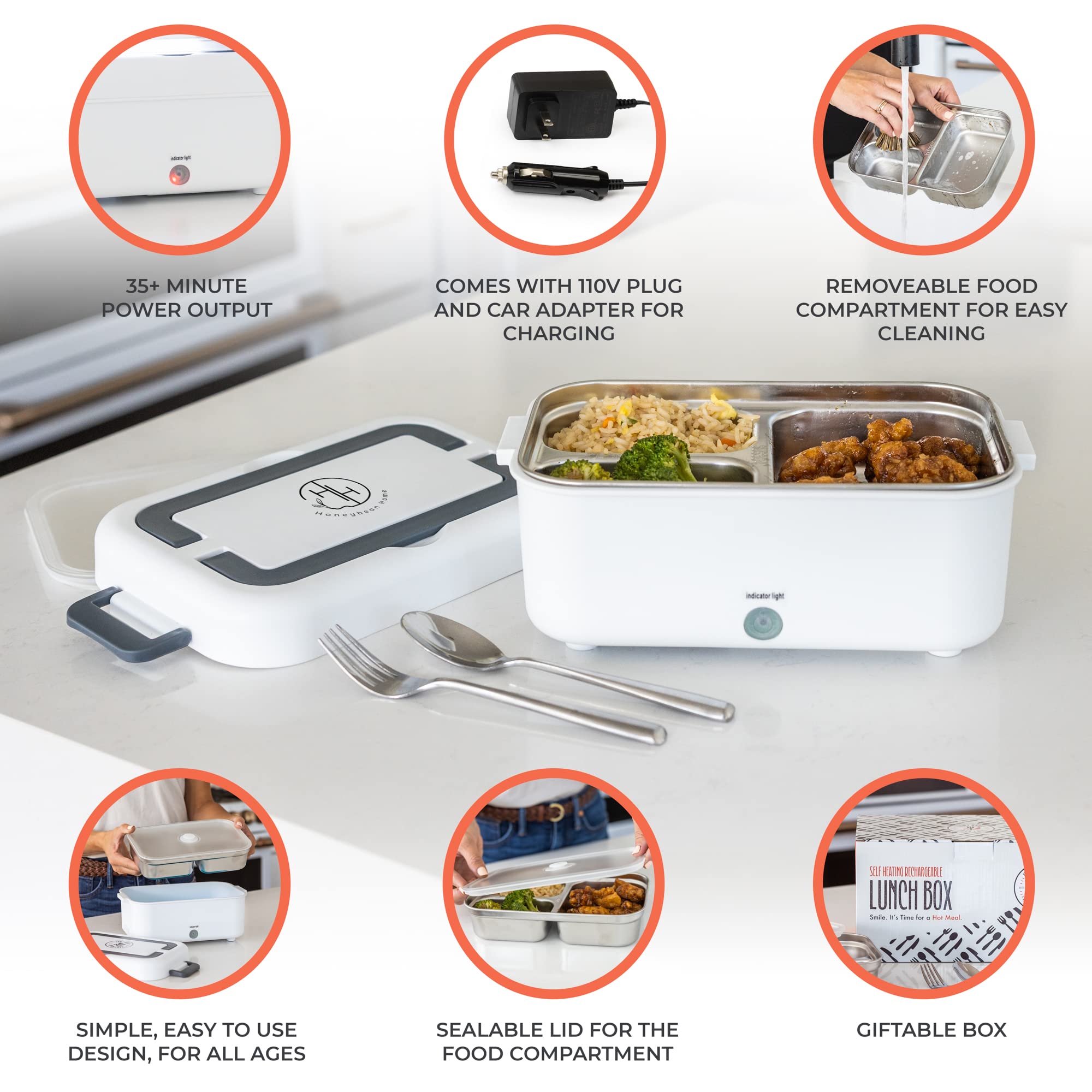 HONEYBEAN HOME Battery Powered Lunch Box for Work With 35 Minutes of Heating Capability – Comes With a Reusable Fork & Spoon