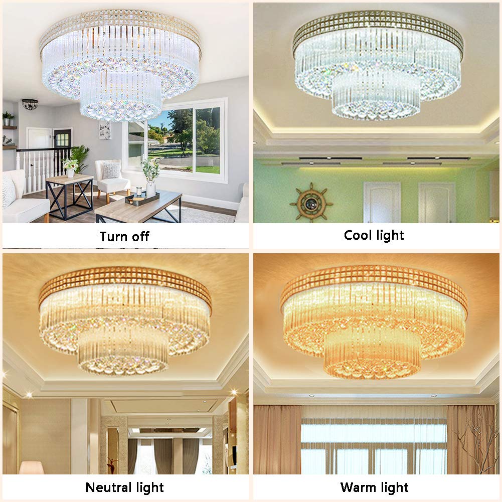 MORE CHANGE MoreChange 23.6inch Modern K9 Crystal Chandelier Luxury Ceiling Lamp Flush Mount LED Ceiling Light Fixture Pendant Lamp with Remote for Dining Room Bathroom Bedroom Livingroom