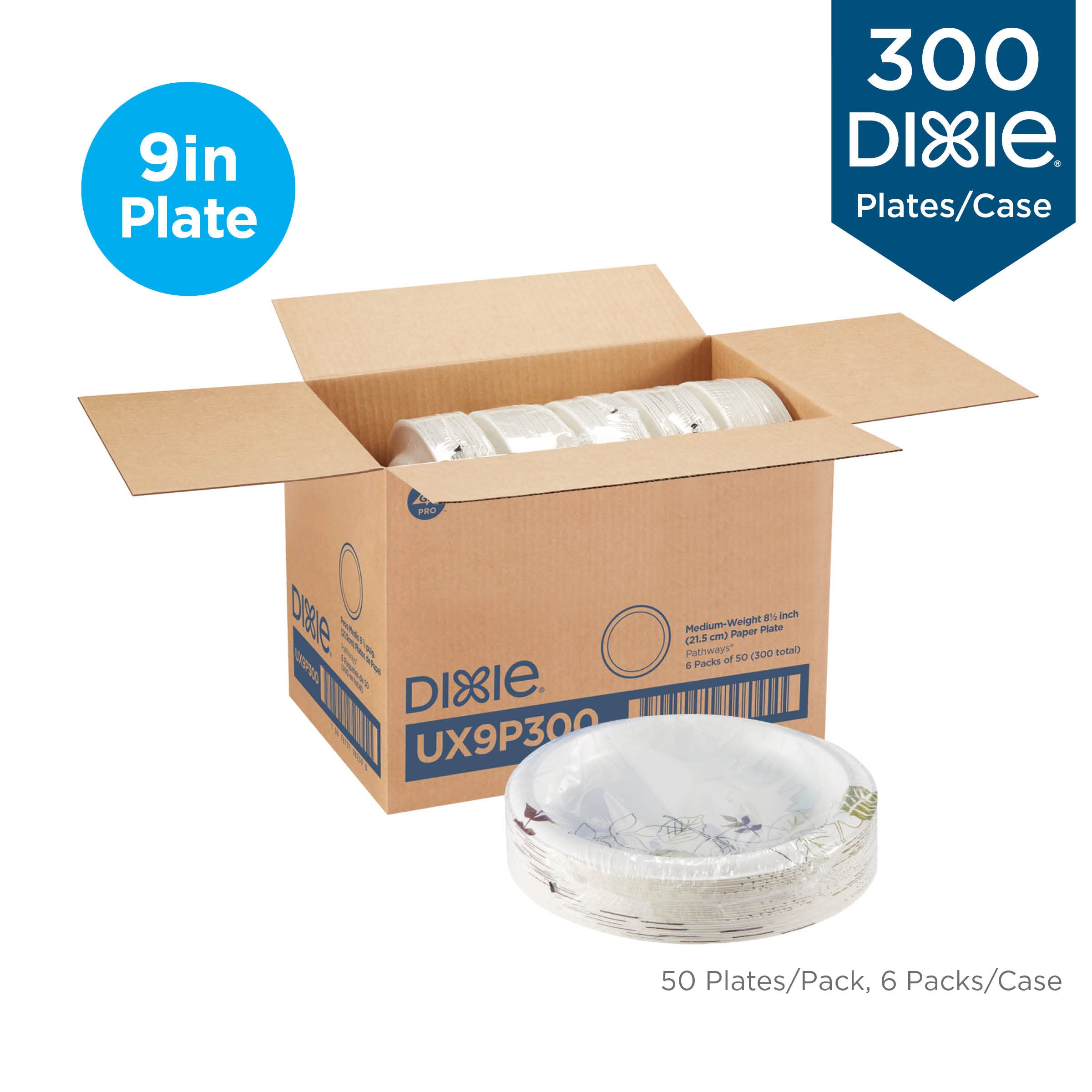 Dixie Bulk Paper Plates, 8.5 Inch, 300 Plate Count, (50 Plates Per Pack, 6 Pack Per Case), Medium Weight, White, Perfect for at Home, Restaurants, Events, & Catering, Item # UX9P300