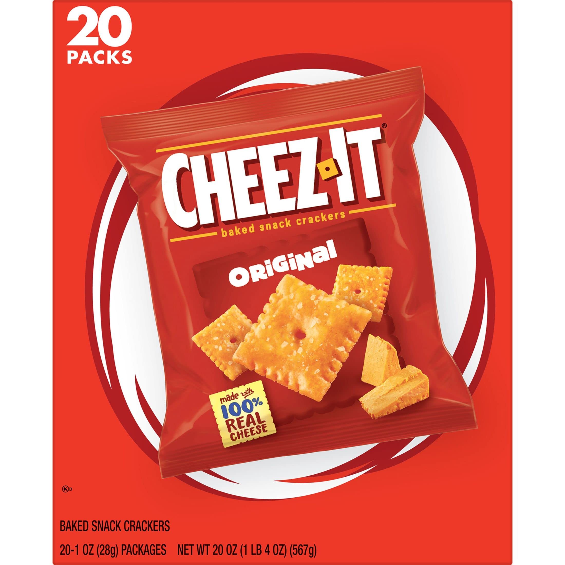 Cheez-It Cheese Crackers, Baked Snack Crackers, Lunch Snacks, Original, 20oz Box (20 Packs)