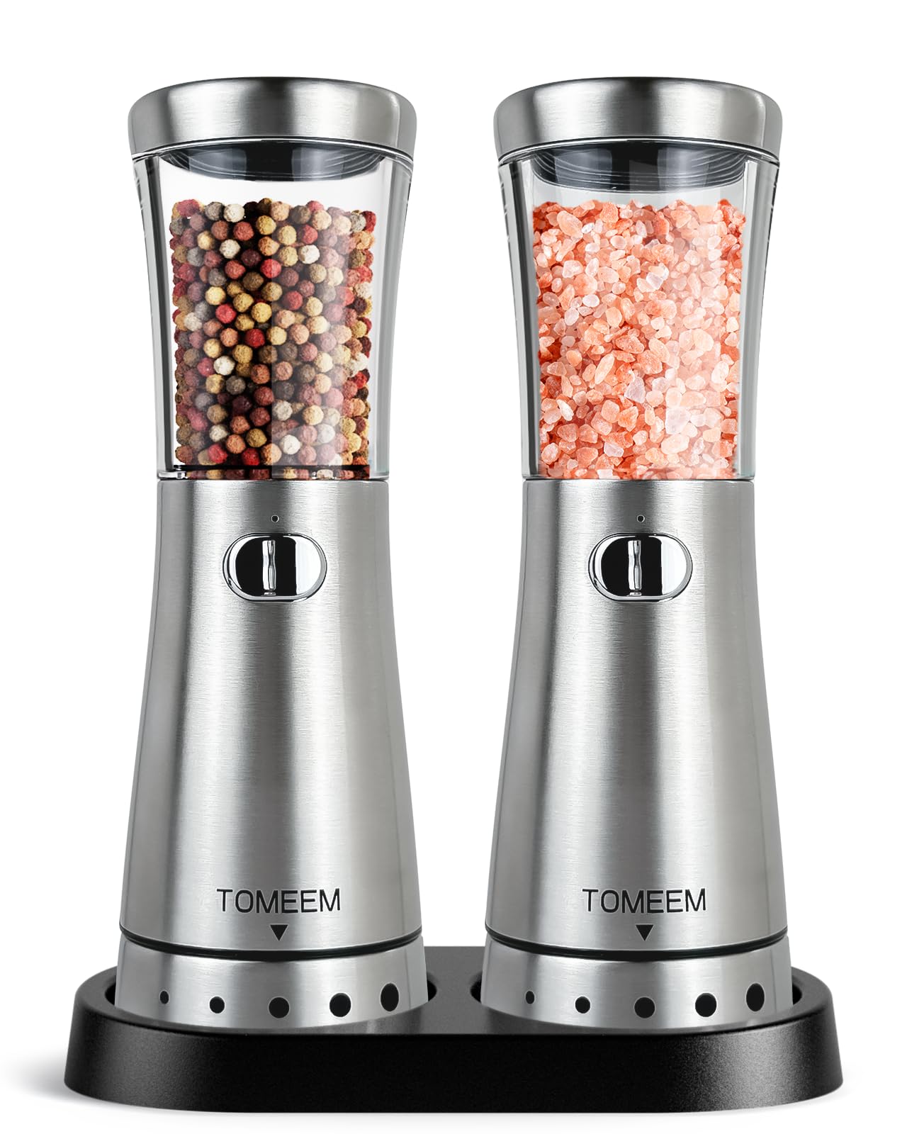 Electric Salt and Pepper Grinder Set with Storage Base, Stainless Steel Rechargeable Salt and Pepper Grinder Set with 4.5oz Large Capacity, 1.8" Wide Mouth, Adjustable Coarseness, Ideal for Kitchen