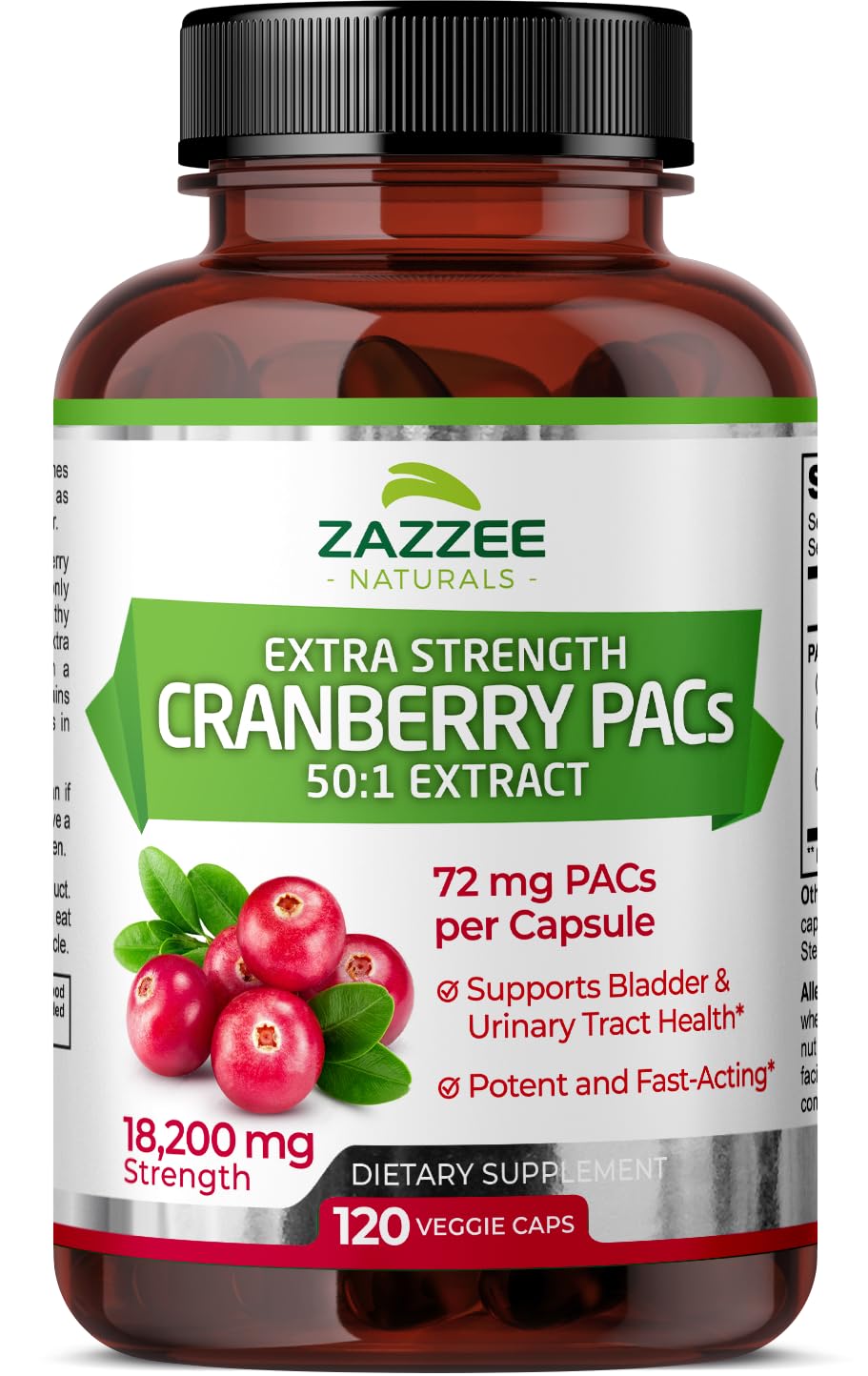 Zazzee Extra Strength Cranberry PACs, 72 mg PACs per Capsule, 100% Soluble, 120 Vegan Capsules, 50:1 Extract, 18,200 mg Strength, Effective Urinary Tract UTI Support for Women, Proanthocyanidins