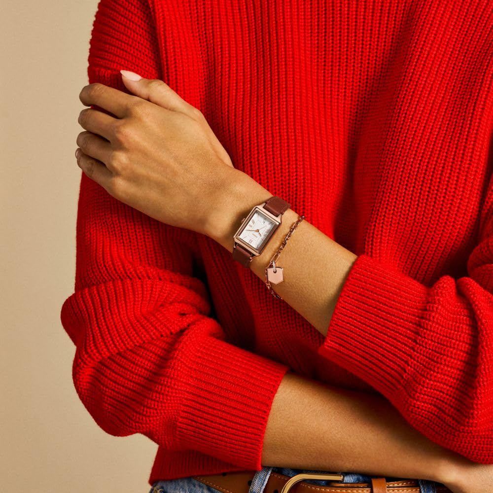 Fossil Women's Raquel Three-Hand Date Red Leather/Rose Gold Watch and Bracelet Set