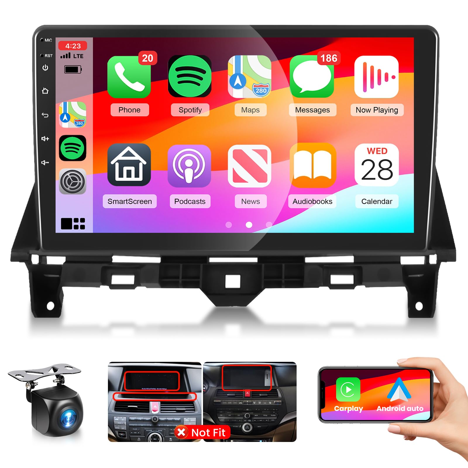 DSP Radio for Honda Accord 8th 2008-2012 Car Stereo with Wireless Carplay Android Auto,10.1 Inch 1080P Touch Screen EQ FM/RDS GPS Chip 26UIs 5.0Bluetooth WiFi AHD Backup Camera Mic 2G+32G