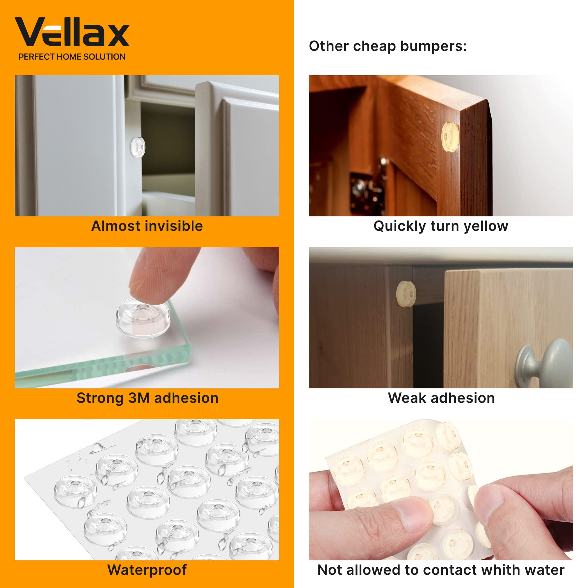 Vellax Cabinet Door Bumpers - Self Adhesive Pads, Cabinet Stoppers, Rubber Bumpers for Drawers, Cupboards, Cutting Boards, Glass Tops, Picture Frames, Kitchen Furniture