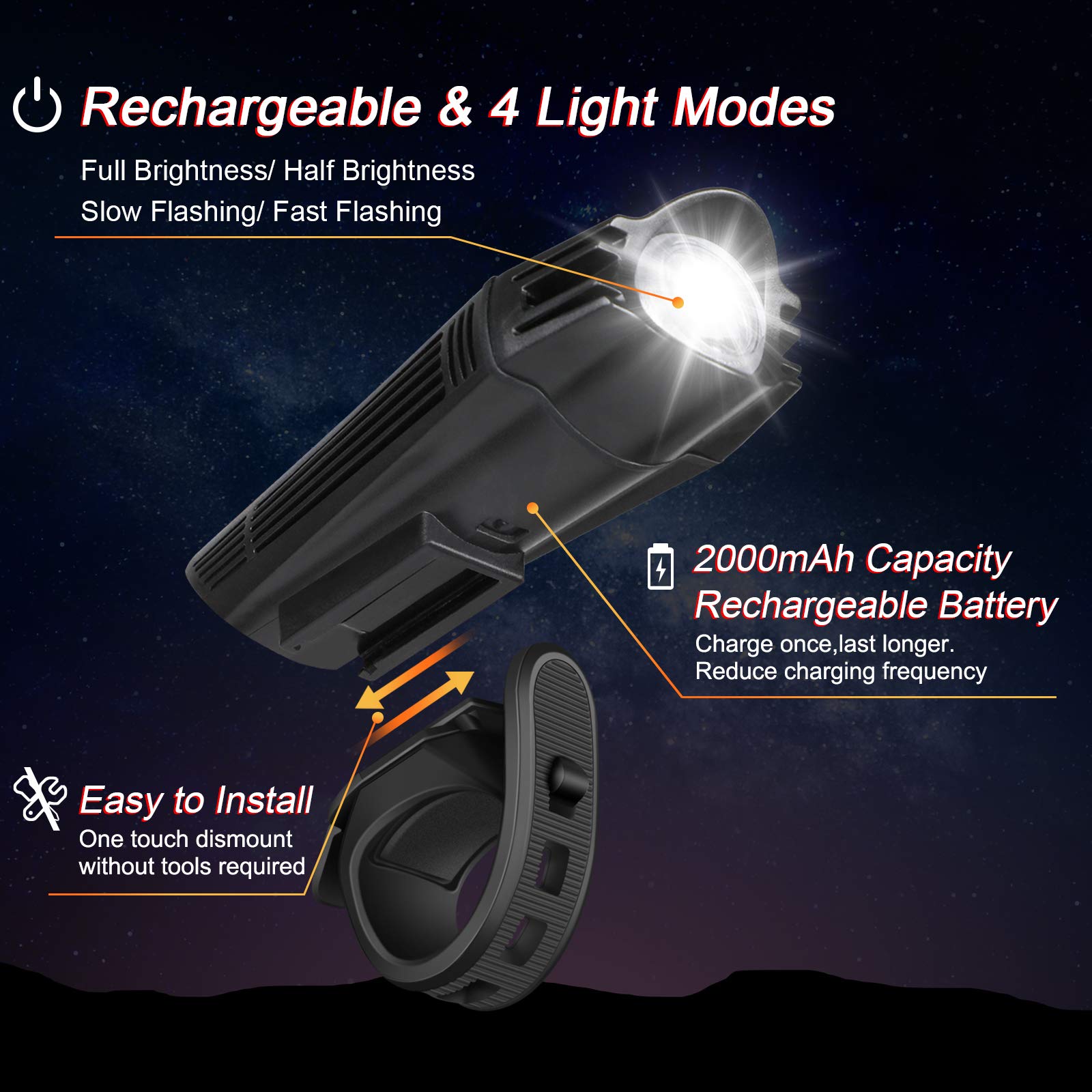 Ascher Ultra Bright USB Rechargeable Bike Light Set, Powerful Bicycle Front Headlight and Back Taillight, 4 Light Modes, Easy to Install for Men Women Kids Road Mountain Cycling Black