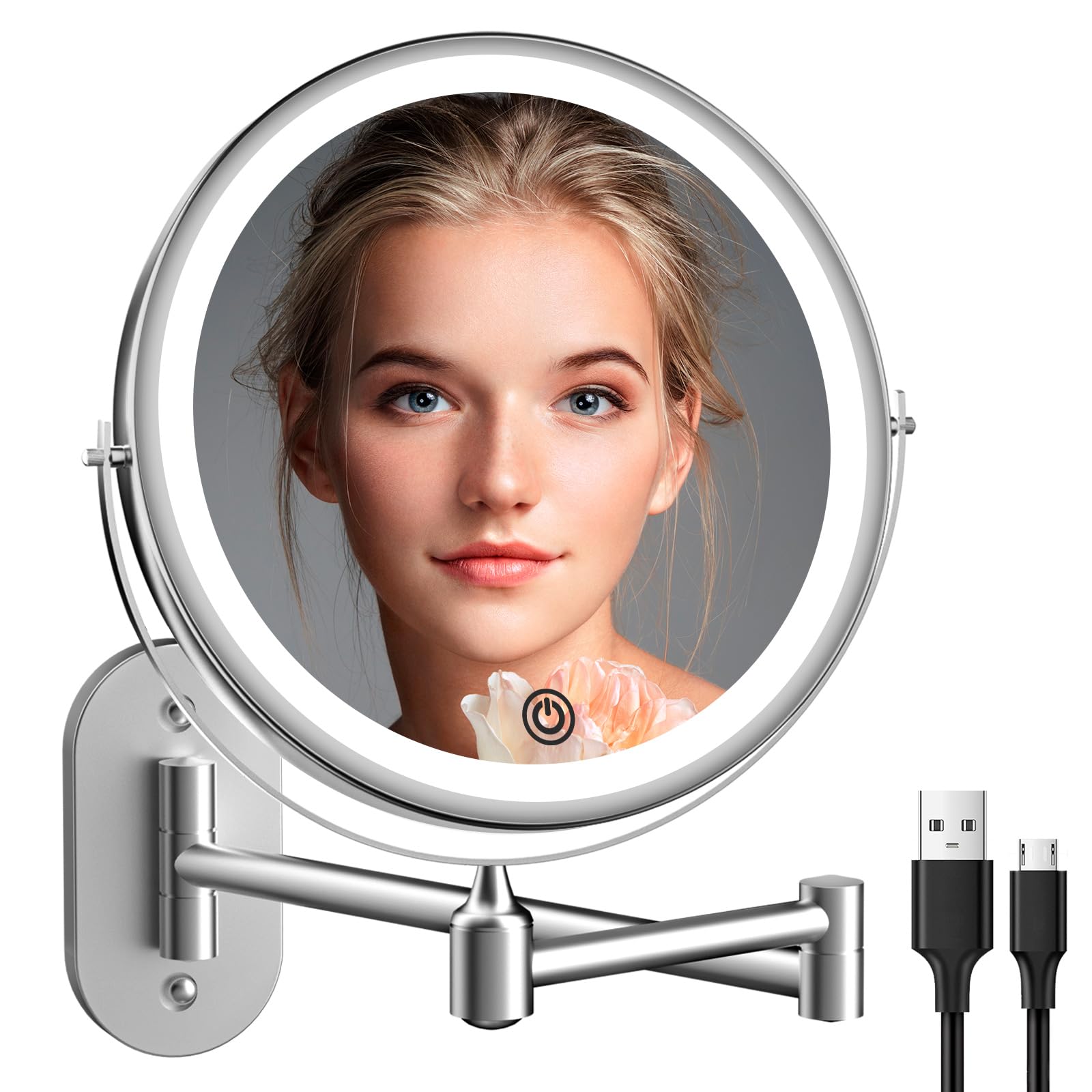 Rechargeable Wall Mounted Lighted Makeup Vanity Mirror 8 inch 1X/10X Magnifying Bathroom Mirror with 3 Color Lights, Double Sided with Dimmable LED Lights, Extended Arm 360° Swivel Extension Mirror