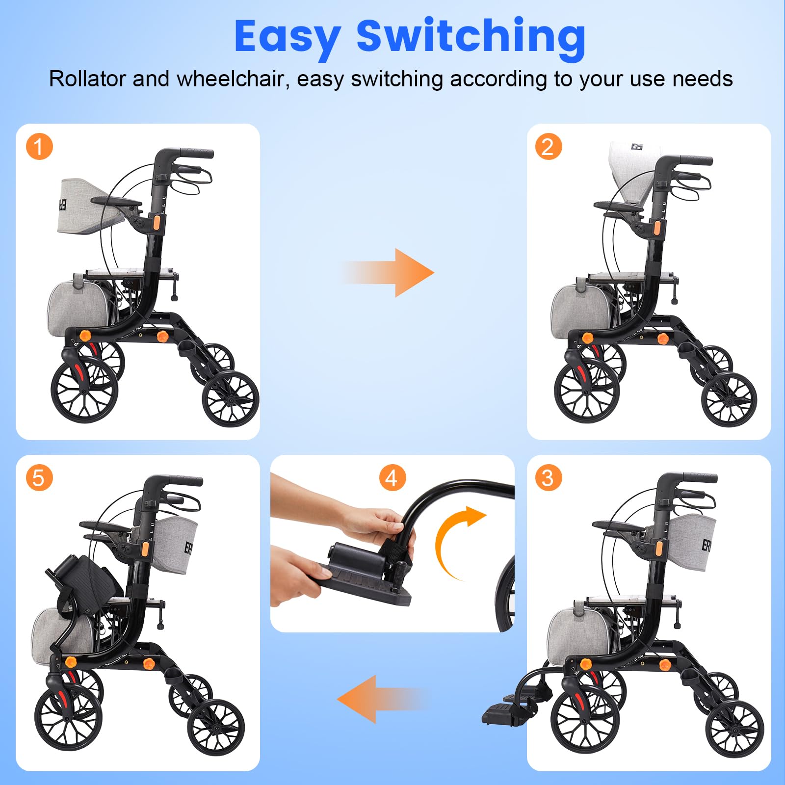 2-in-1 Walkers for Seniors with Seat & Transport Wheelchair Combo,All-Terrain Rolling Walker,Adjustable Height for Indoor Outdoor Mobility with Brakes & Storage Pouch