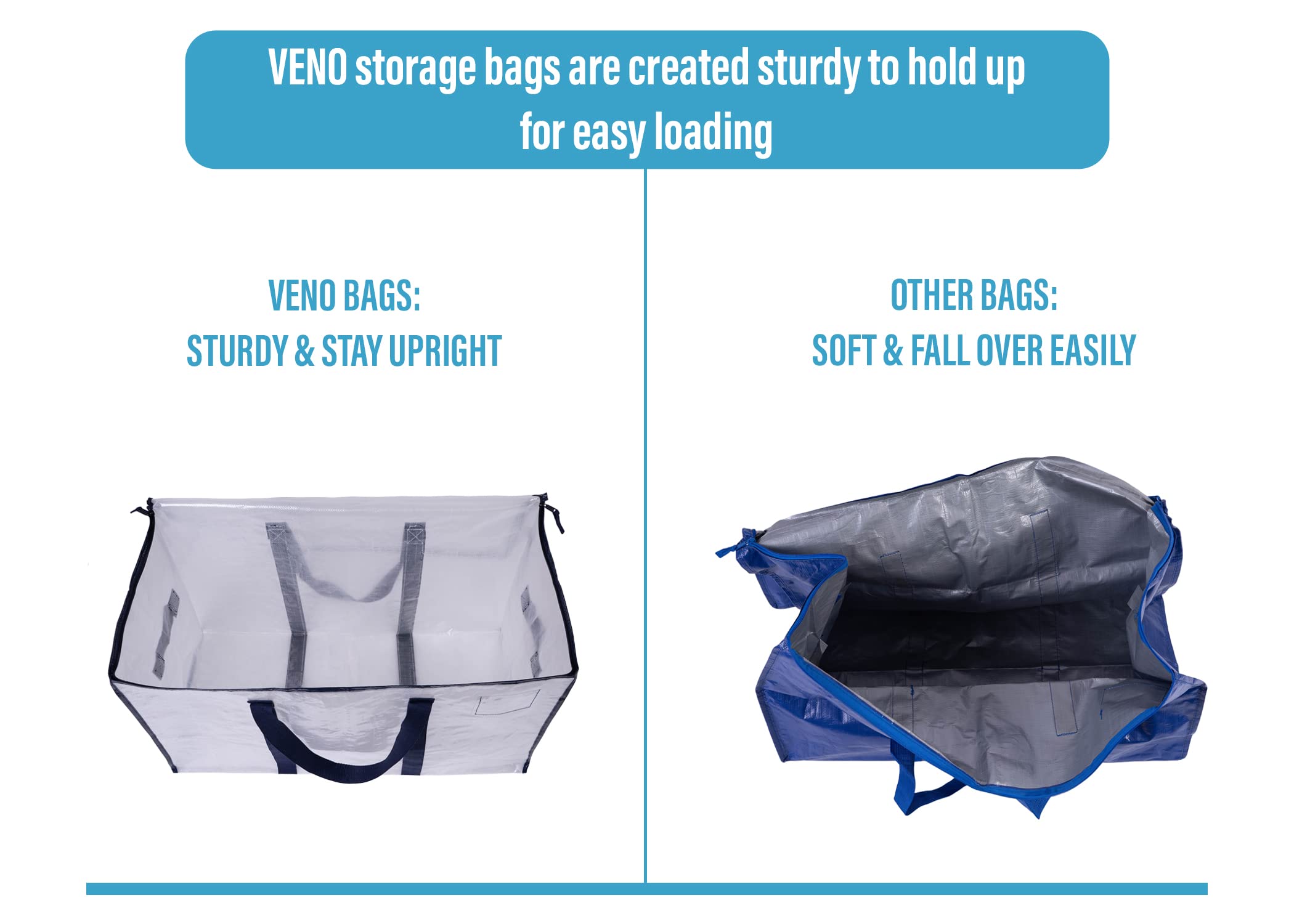 VENO 4 Pack Moving Bags, Moving Supplies, Moving Boxes, College Packing Storage Boxes with Lids Alternative, Heavy Duty Totes, Extra Large, Sturdy Handles, Zipper, for Packaging (Clear, 4 Pack)