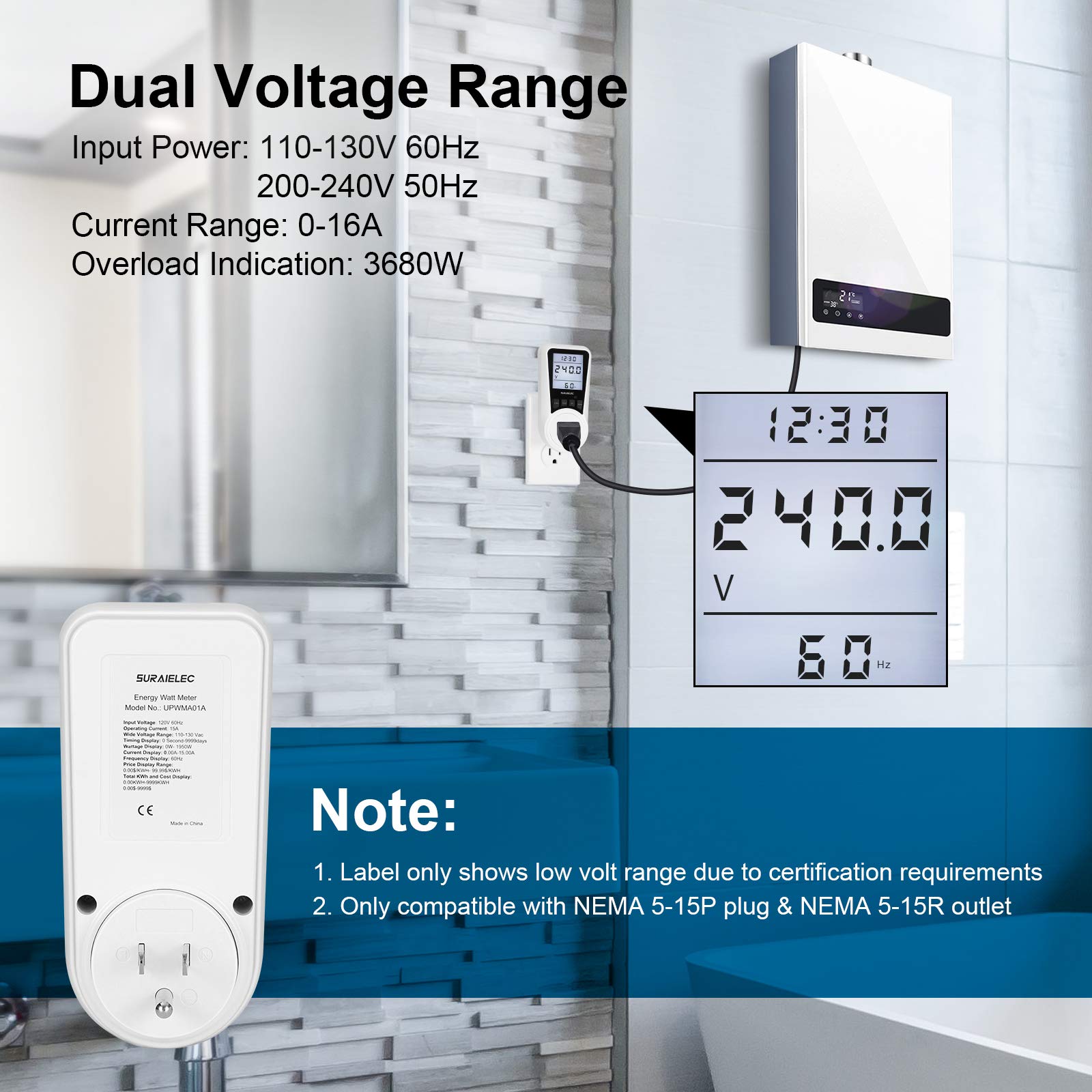 SURAIELEC Watt Meter, Plug-in Socket Power Meter, Auto Cost Calculator, Backlit Large Display, Overload Protection, Kilowatt Wattage Voltage AMP Tester, Electricity Usage Electrical Energy Monitor
