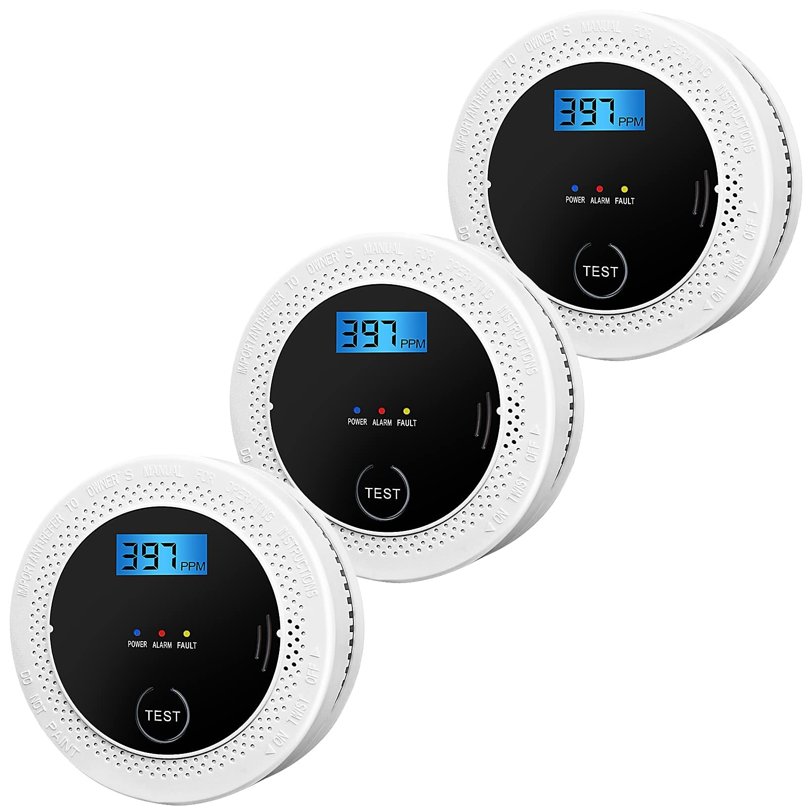 3 Pack Smoke and Carbon Monoxide detectors Powered by Batteries, with Digital Display, Smoke and Carbon Dioxide Dual Alarm sensors, Easy to Install Black