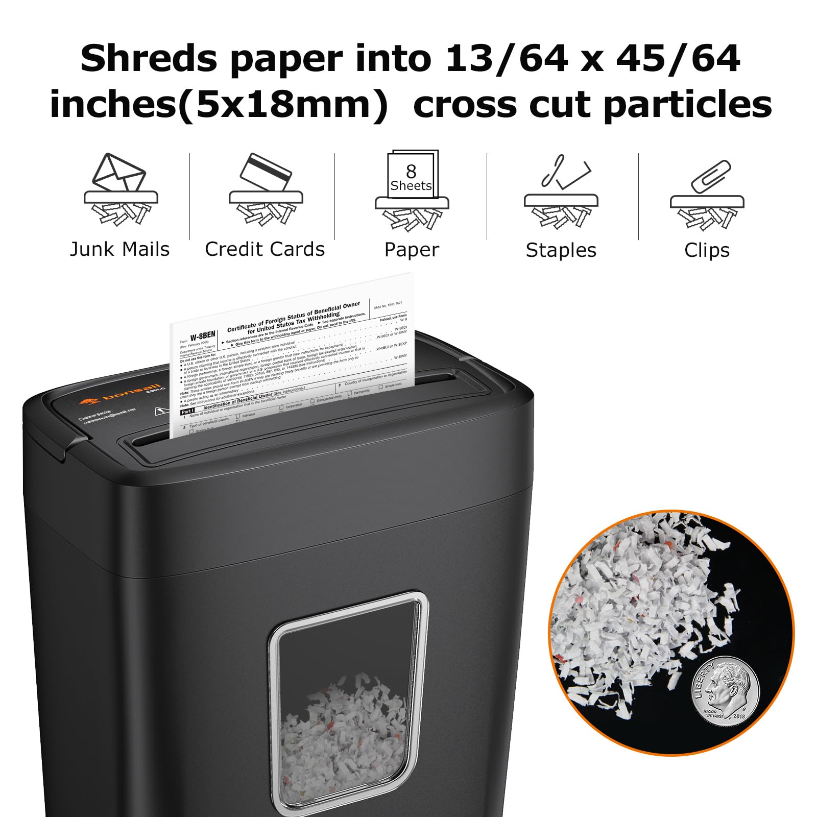 Bonsaii Paper Shredder, 8-Sheet Crosscut Shredder with 4.2 Gallon Bin Shred Credit Card/Mail/Staple/Clip, P-4 Security Level Document Shredder with Handle for Home Office (C261-C)