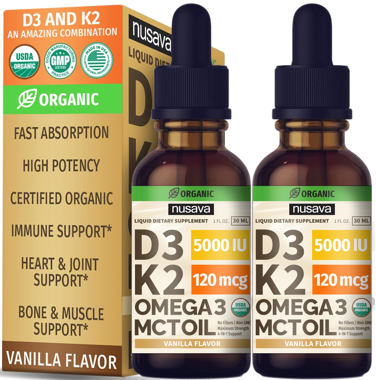 NUSAVA Vitamin B12 Liquid Drops Bundle, Strawberry Flavored D3 K2, & Vanilla Flavored D3 K2 - Potent Liquid Vitamins for Heart, Energy, Brain & Immune Support - Non-GMO, Gluten-Free, 2pk Each
