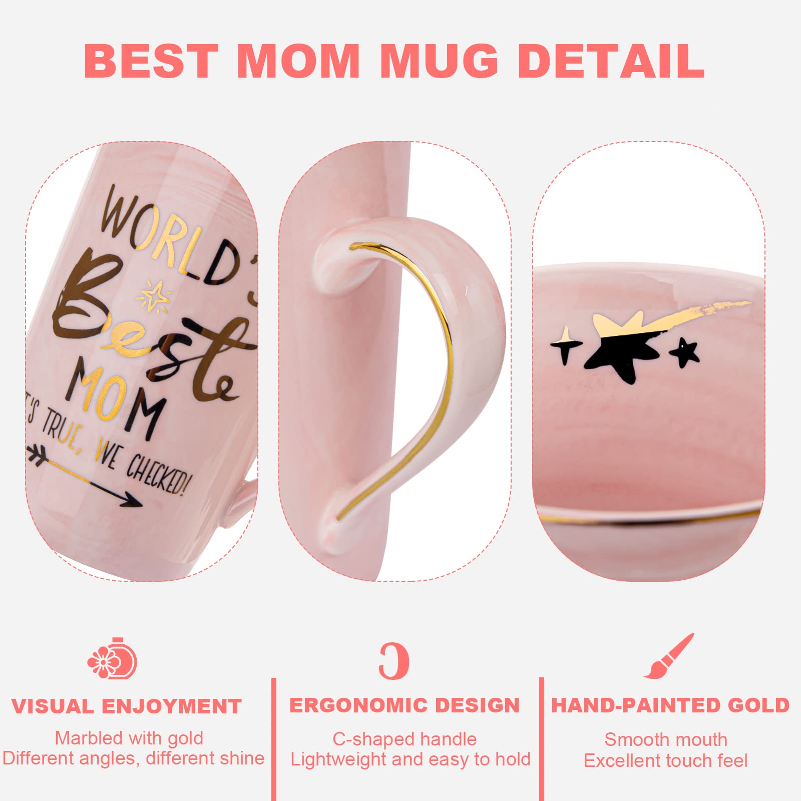 ALBISS Mothers Day Gifts for Mom from Daughter Son Kids - World's Best Mom - Funny Mom Mug with Gold, Mom Birthday Presents for Mom, 14oz Pink Marble Ceramic Coffee Cup with Lid Card, Nice Gift Boxed