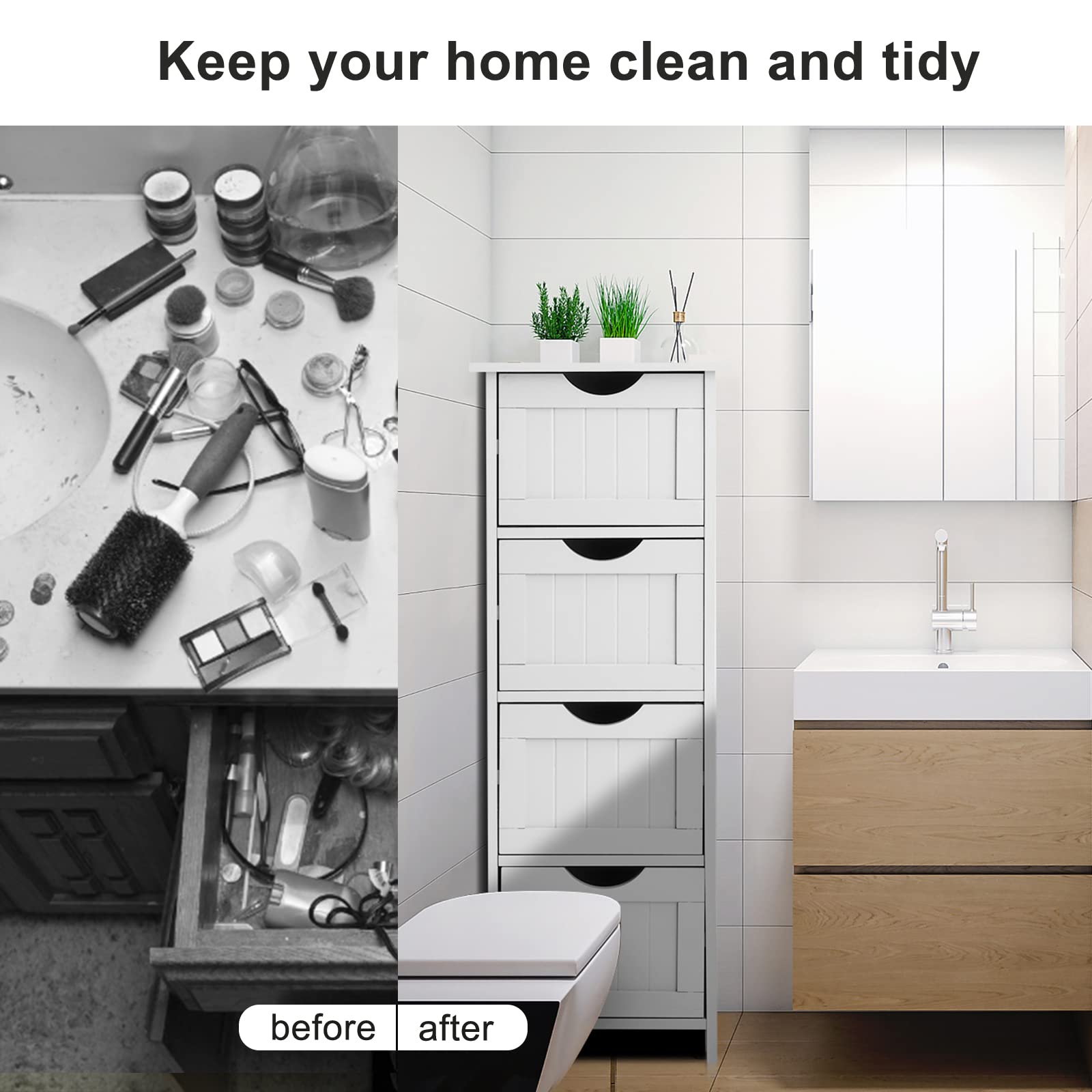 VINGLI White Bathroom Storage Cabinet with 4 Drawers Wooden Freestanding Slim Bathroom Floor Cabinet Small Side Organizer Storage Unit for Restroom Livng Room Kitchen Office Hallway Entryway