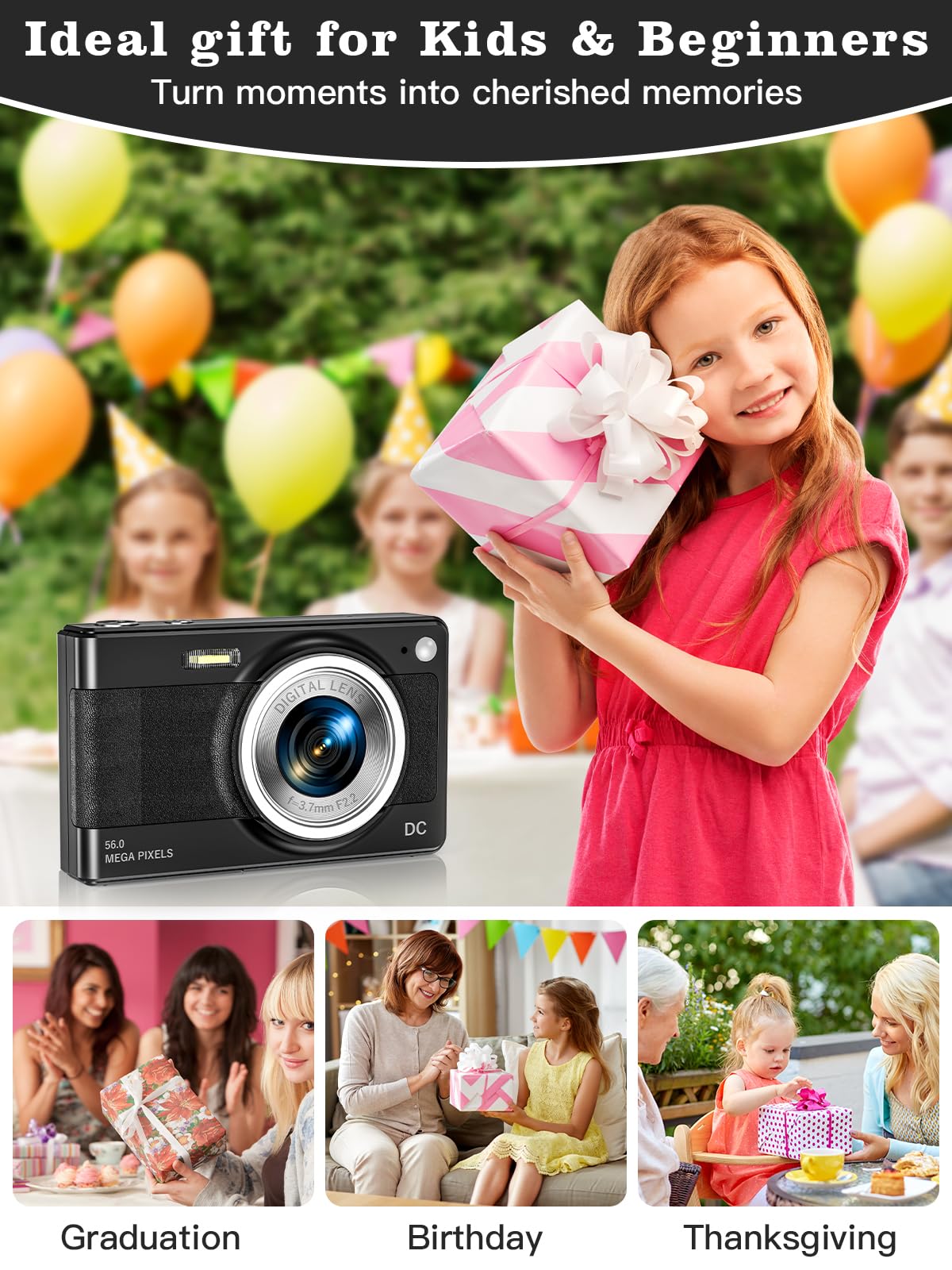 Upgrade Digital Camera, 56MP FHD 1080P Camera for Kids with 16x Zoom Anti Shake, Kid Camera with 32GB TF Card, Two Batteries, Lanyard, Compact Small Camera for Kids Boys Girls（Black）